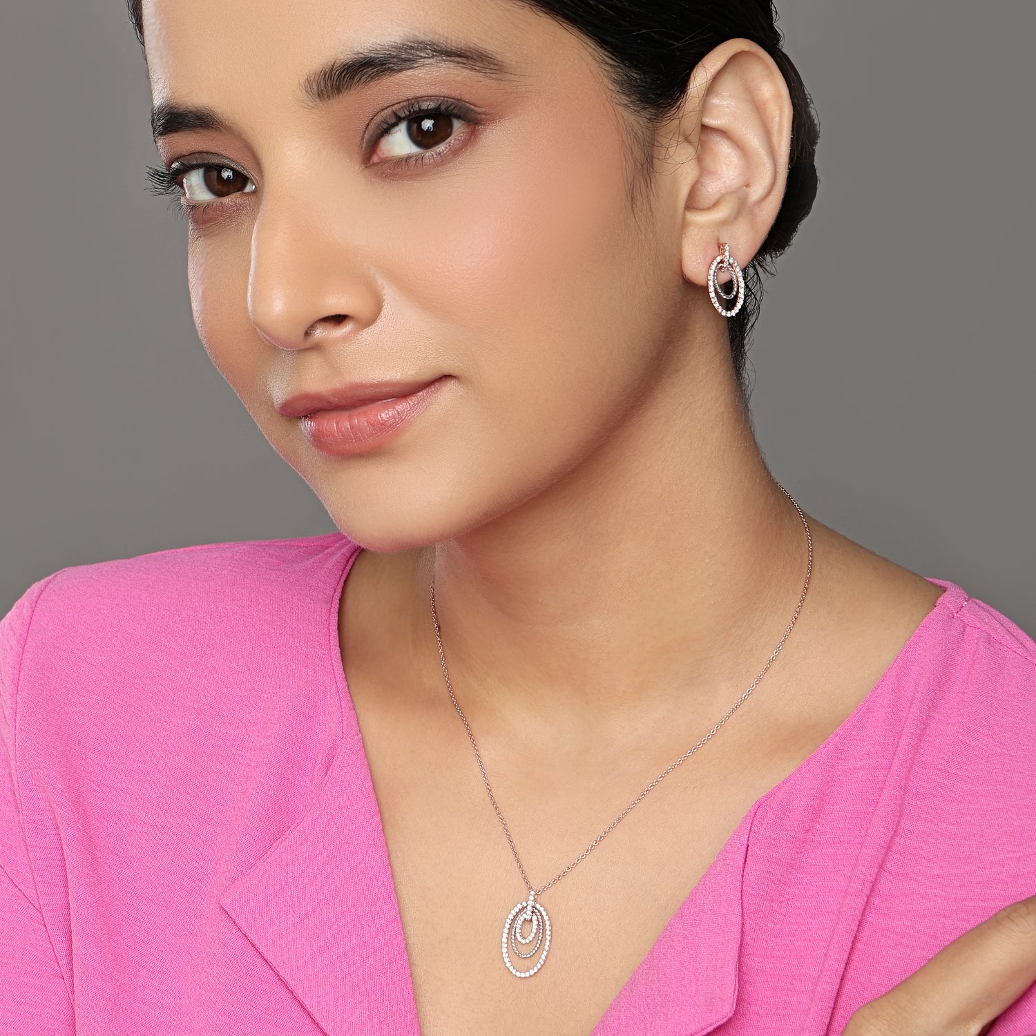 Graceful Sparkling Triple Oval Halo Pendant and Matching Earring Set