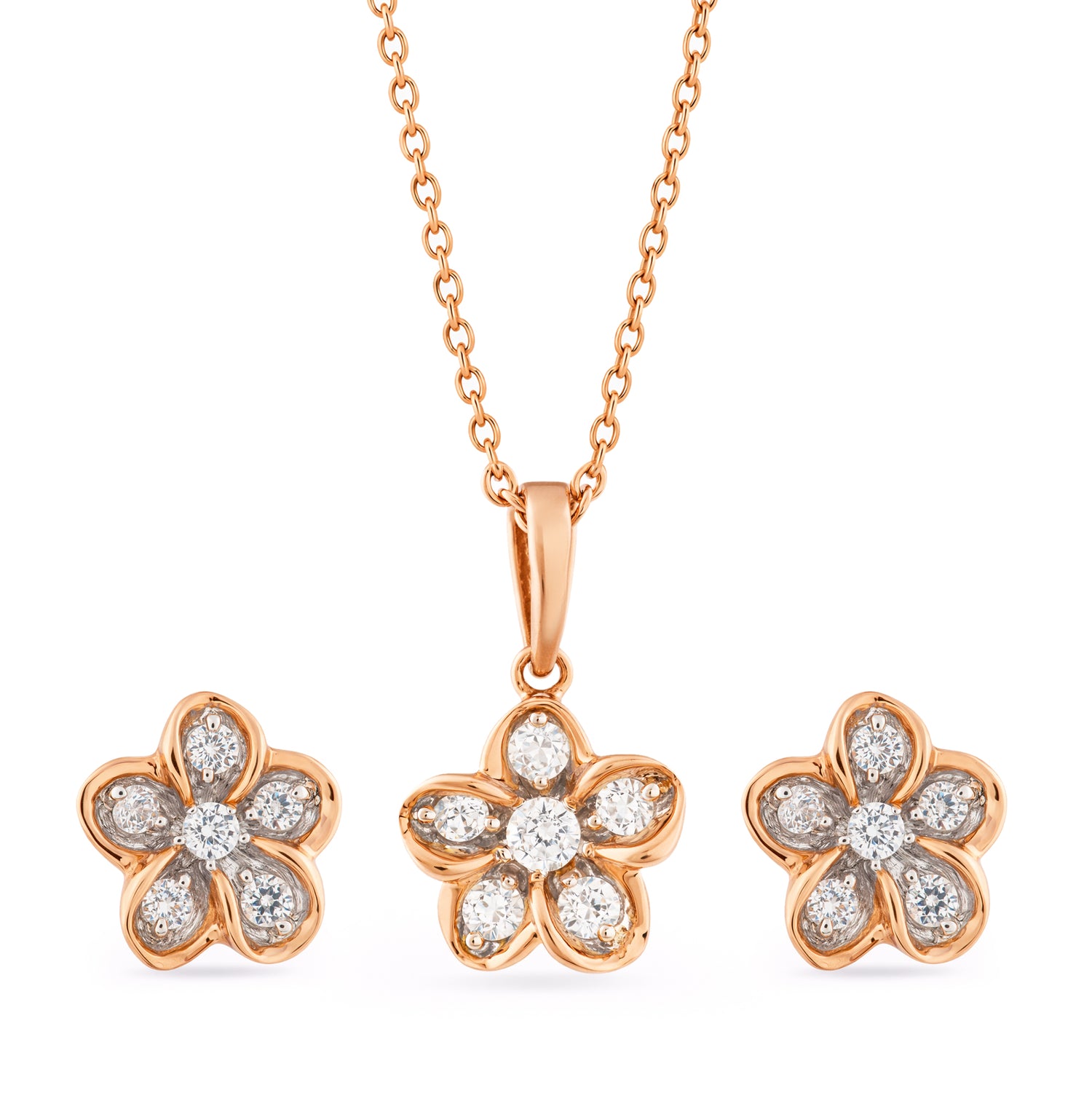 Radiant Floral Blossom Pendant and Matching Stud Earring Set