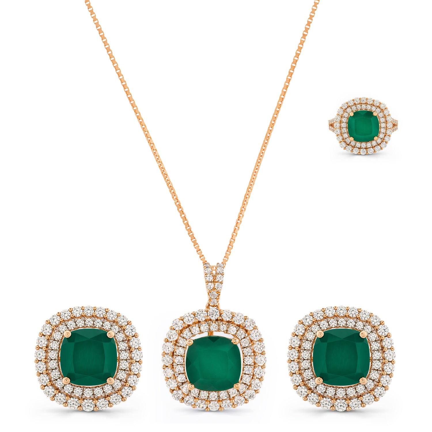 Radiant Halo Ring, Earrings and Pendant Set