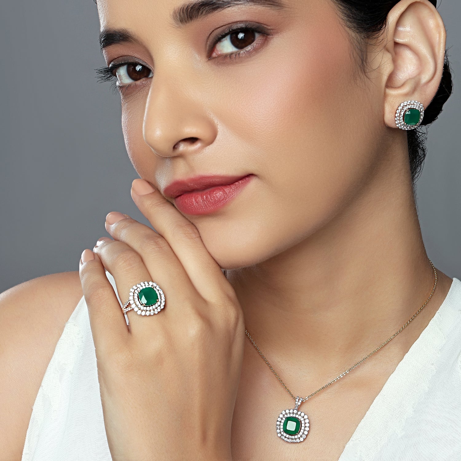 Radiant Halo Ring, Earrings and Pendant Set