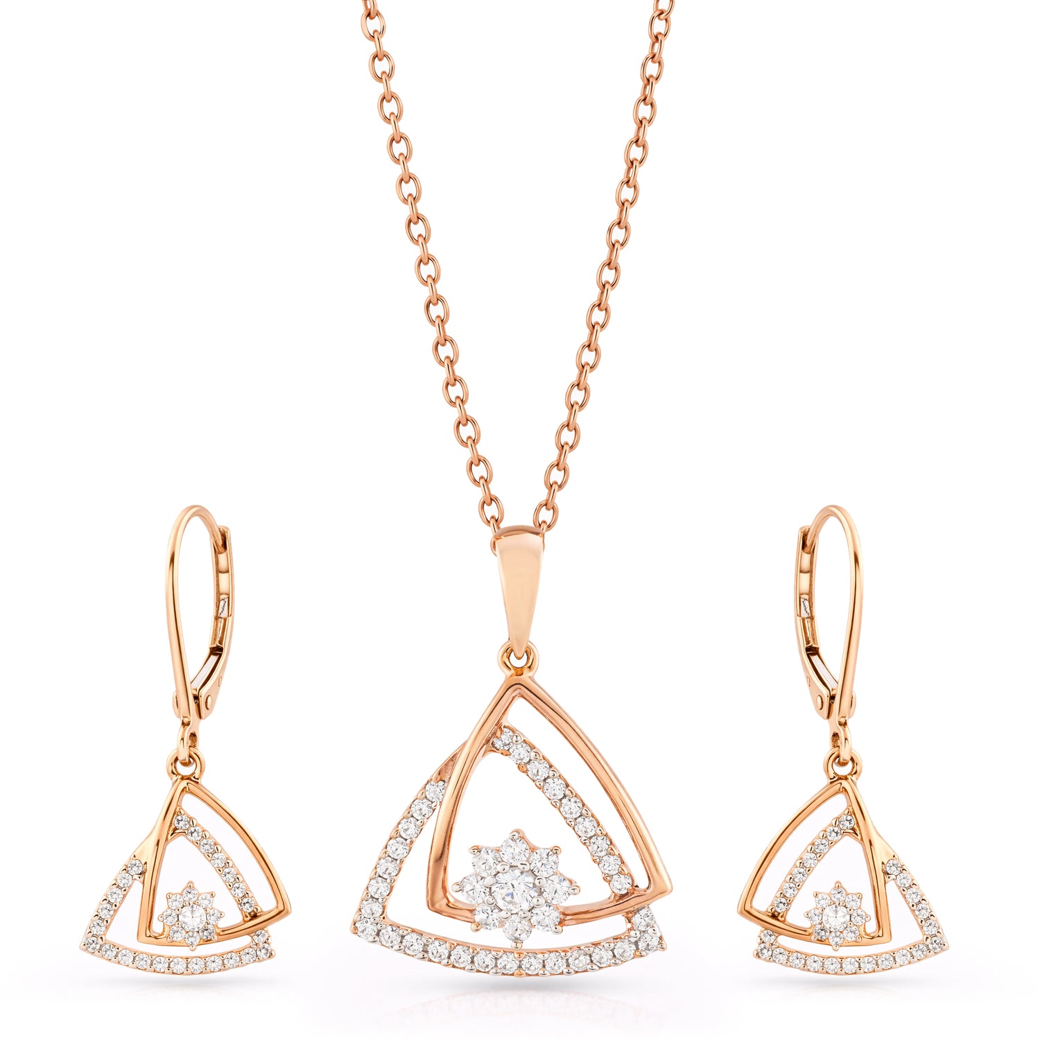 Elegant Floral Bloom and Geometric Triangle Pendant With Matching Earrings Set