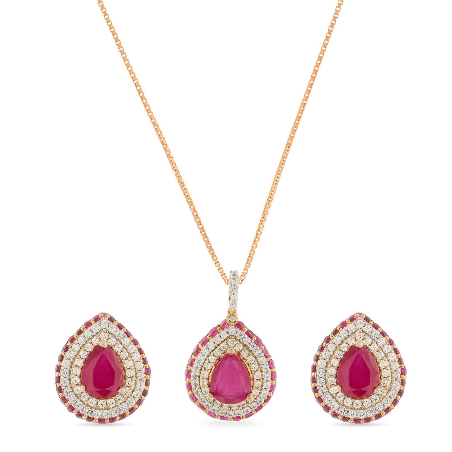 Elegant Pear Cut Crimson Halo Pendant and Stud Earring Set