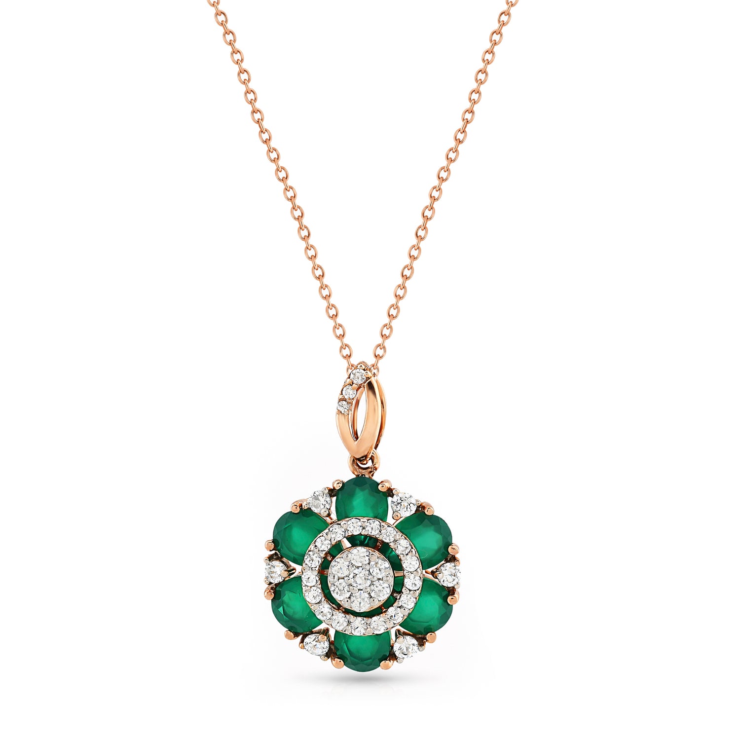 Elegant Floral Halo Cluster Pendant With Radiating Green Stone Petals