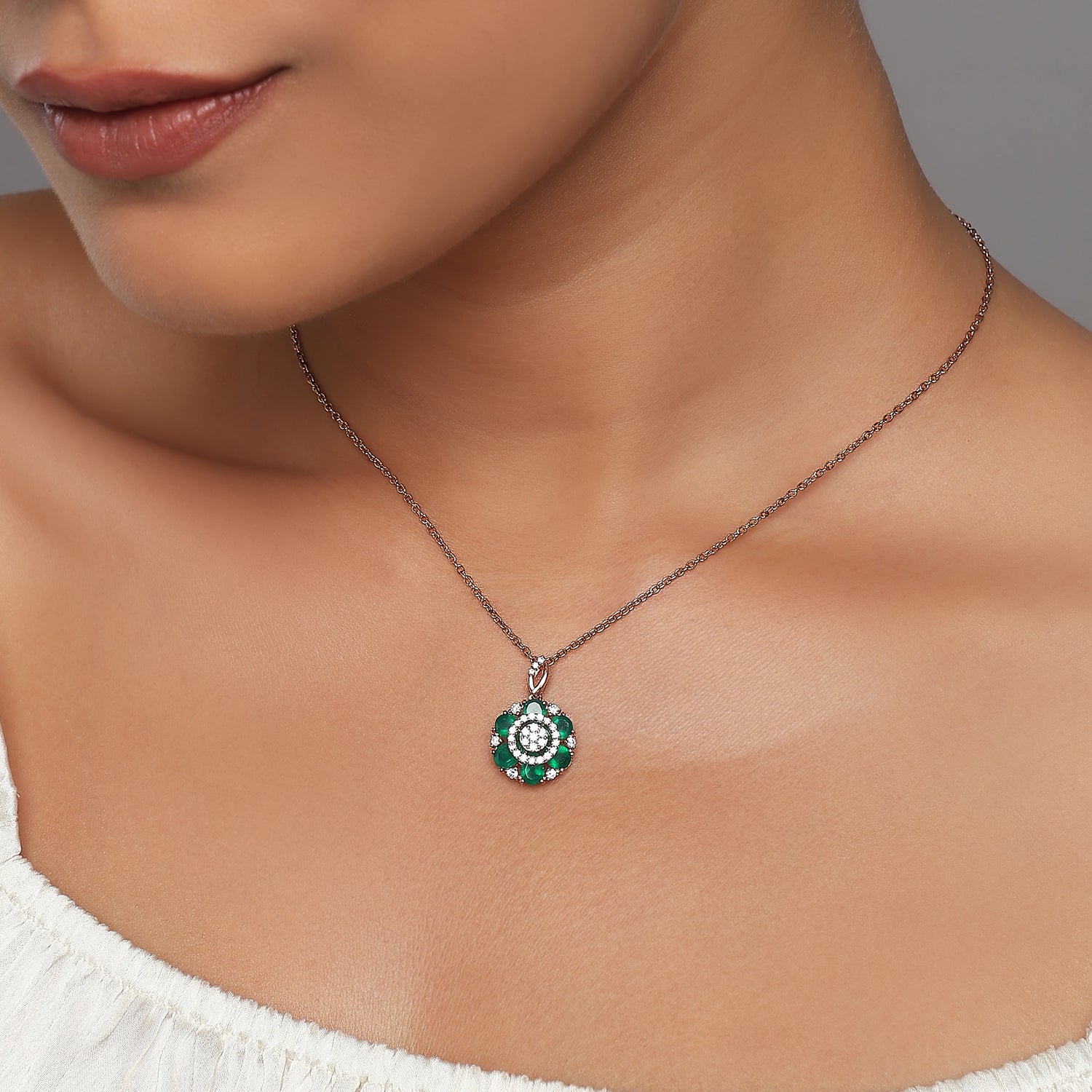 Elegant Floral Halo Cluster Pendant With Radiating Green Stone Petals