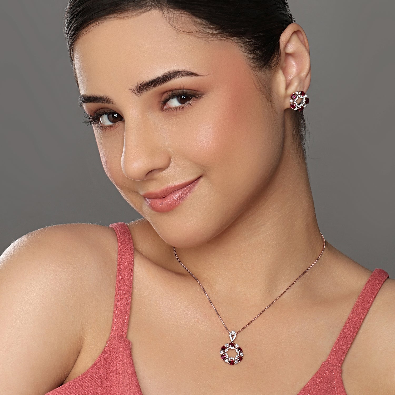 Enchanting Red Floral Pendant and Matching Stud Earring Set