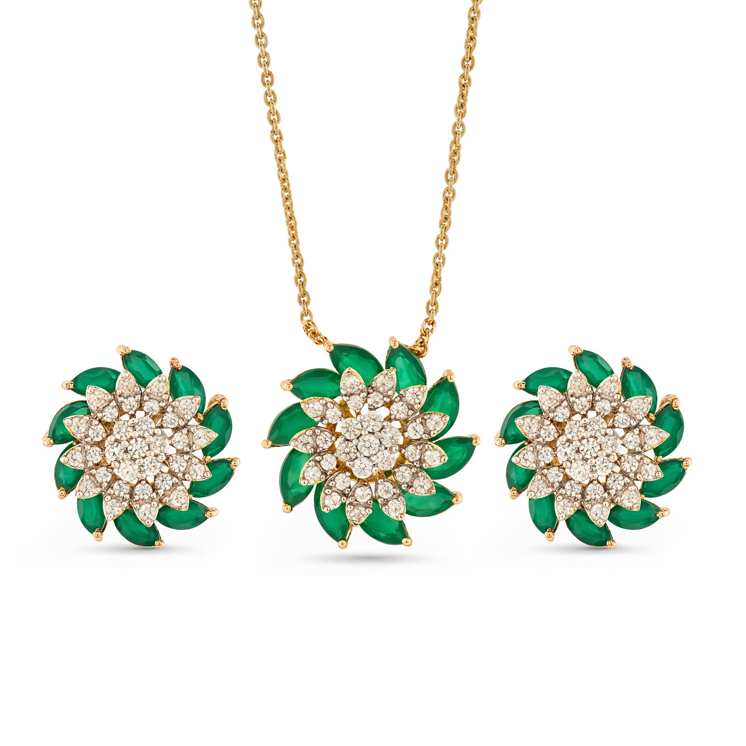 Enchanting Floral Green Stone and Sparkling Cluster Pendant Earring Set