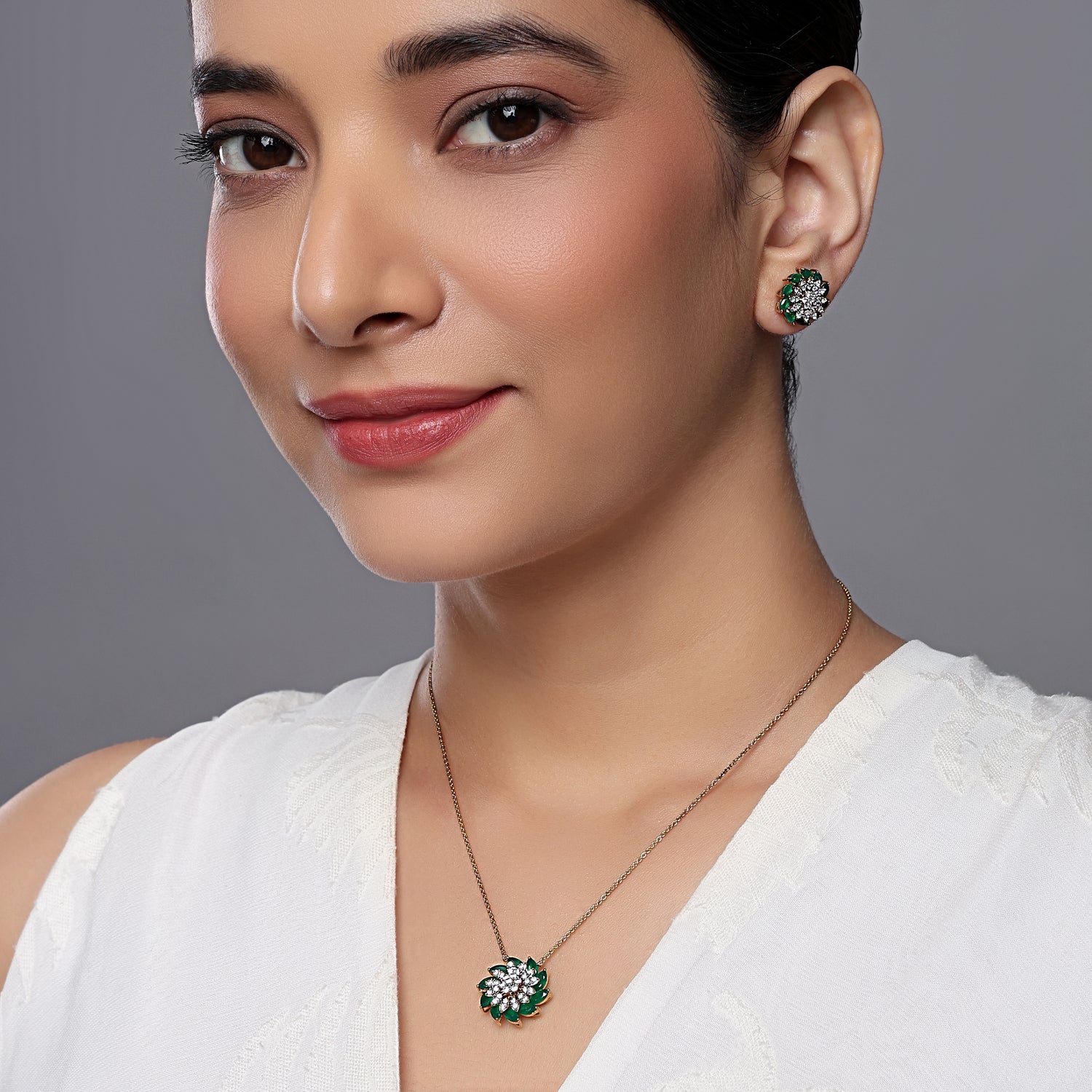 Enchanting Floral Green Stone and Sparkling Cluster Pendant Earring Set