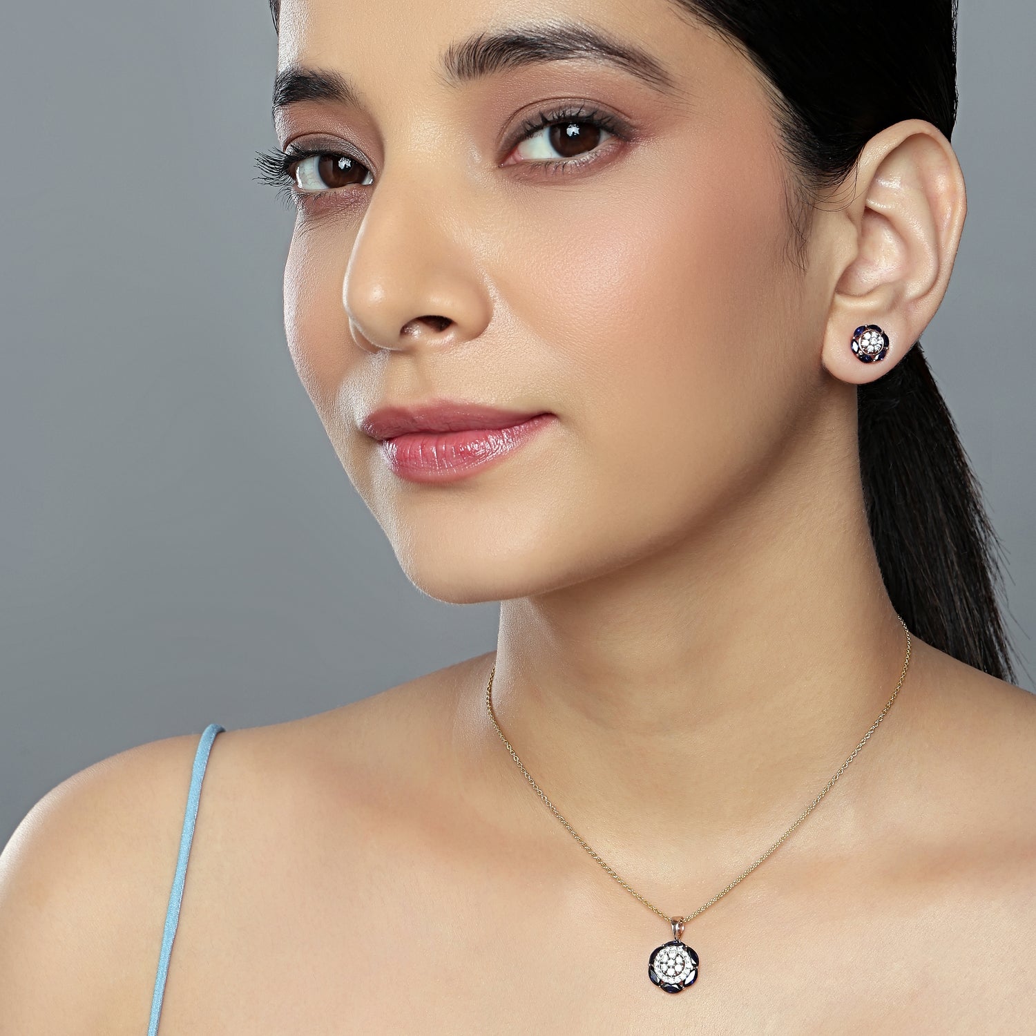 Ethereal Midnight Bloom Floral Pendant and Matching Stud Earring Set