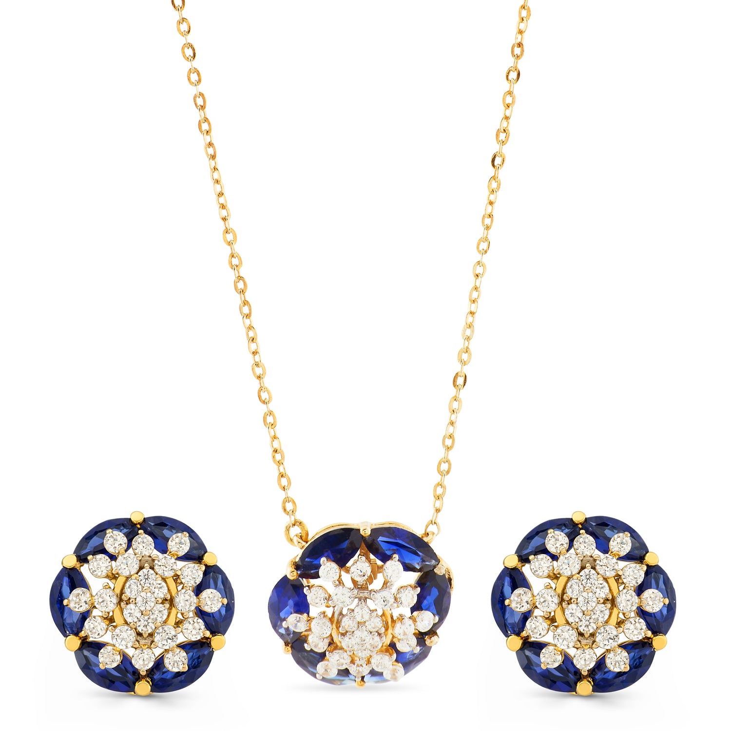 Radiant Blue Floral Cluster Pendant and Stud Earring Set