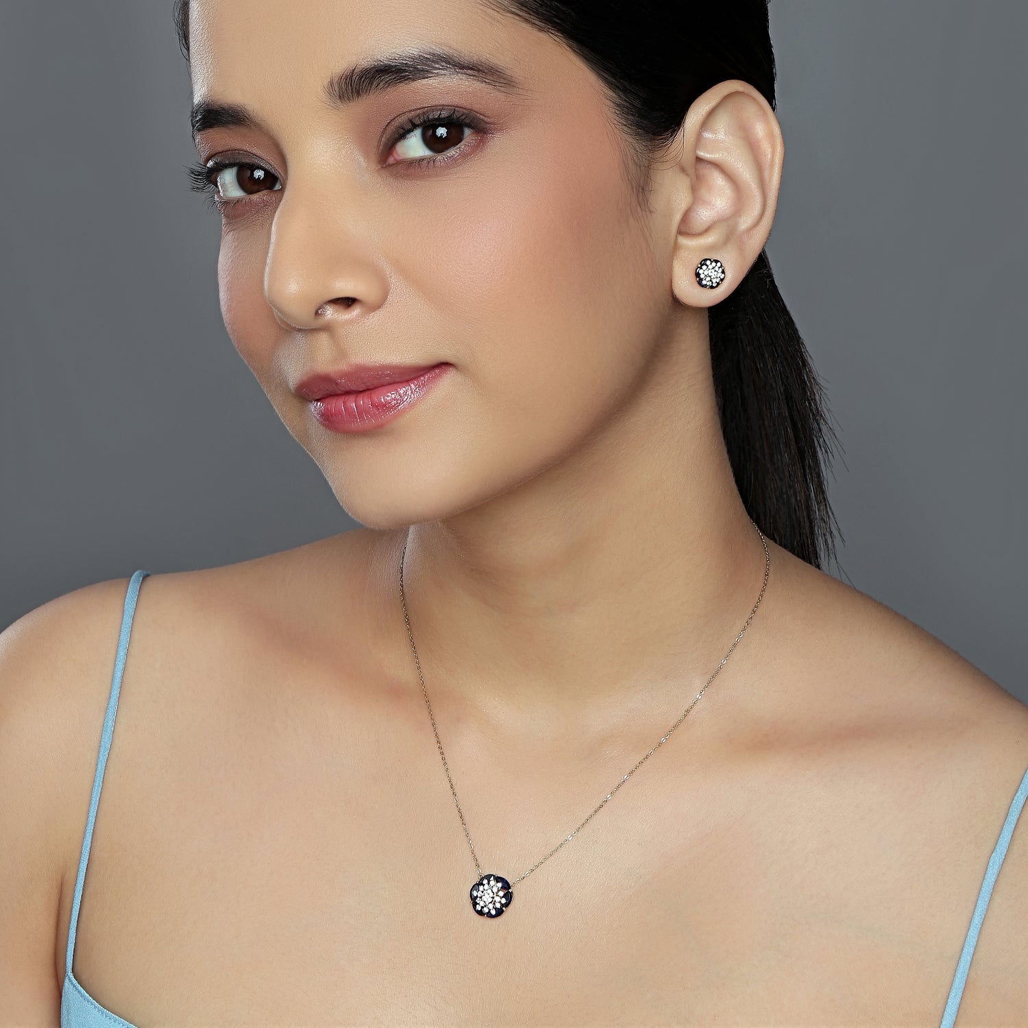 Radiant Blue Floral Cluster Pendant and Stud Earring Set