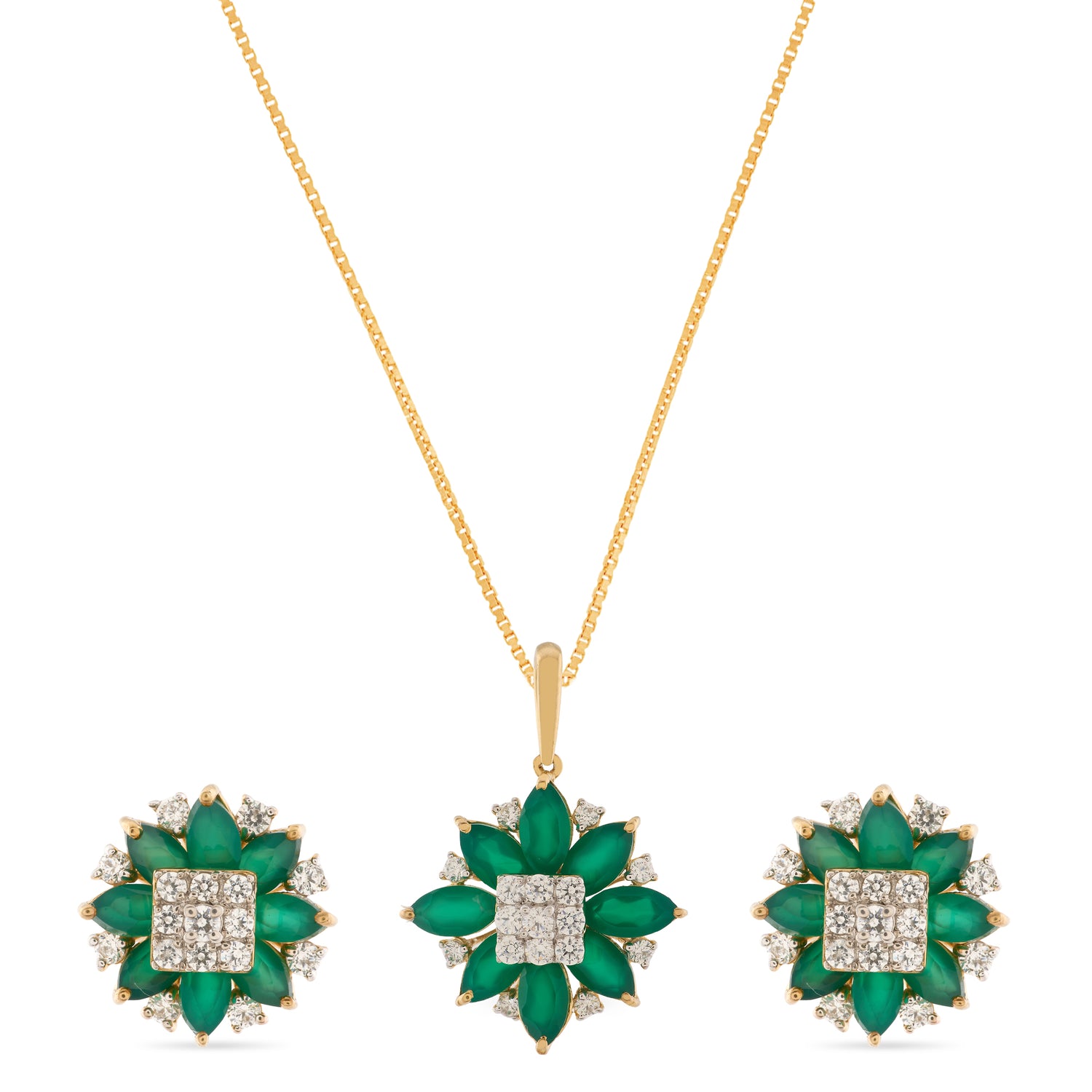Enchanting Floral Emerald Green Garden Pendant and Matching Stud Earrings Set