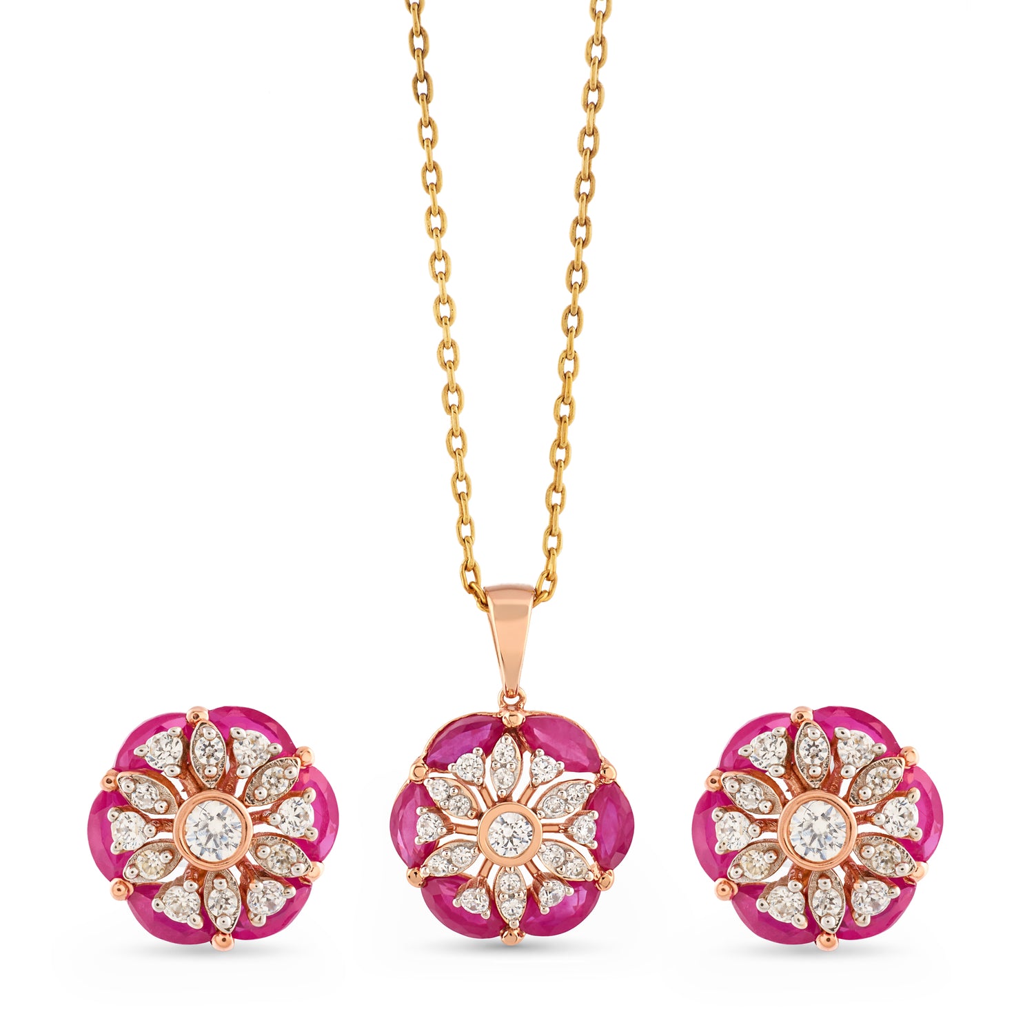 Radiant Floral Blossom Deep Pink Stone Pendant and Earrings Set