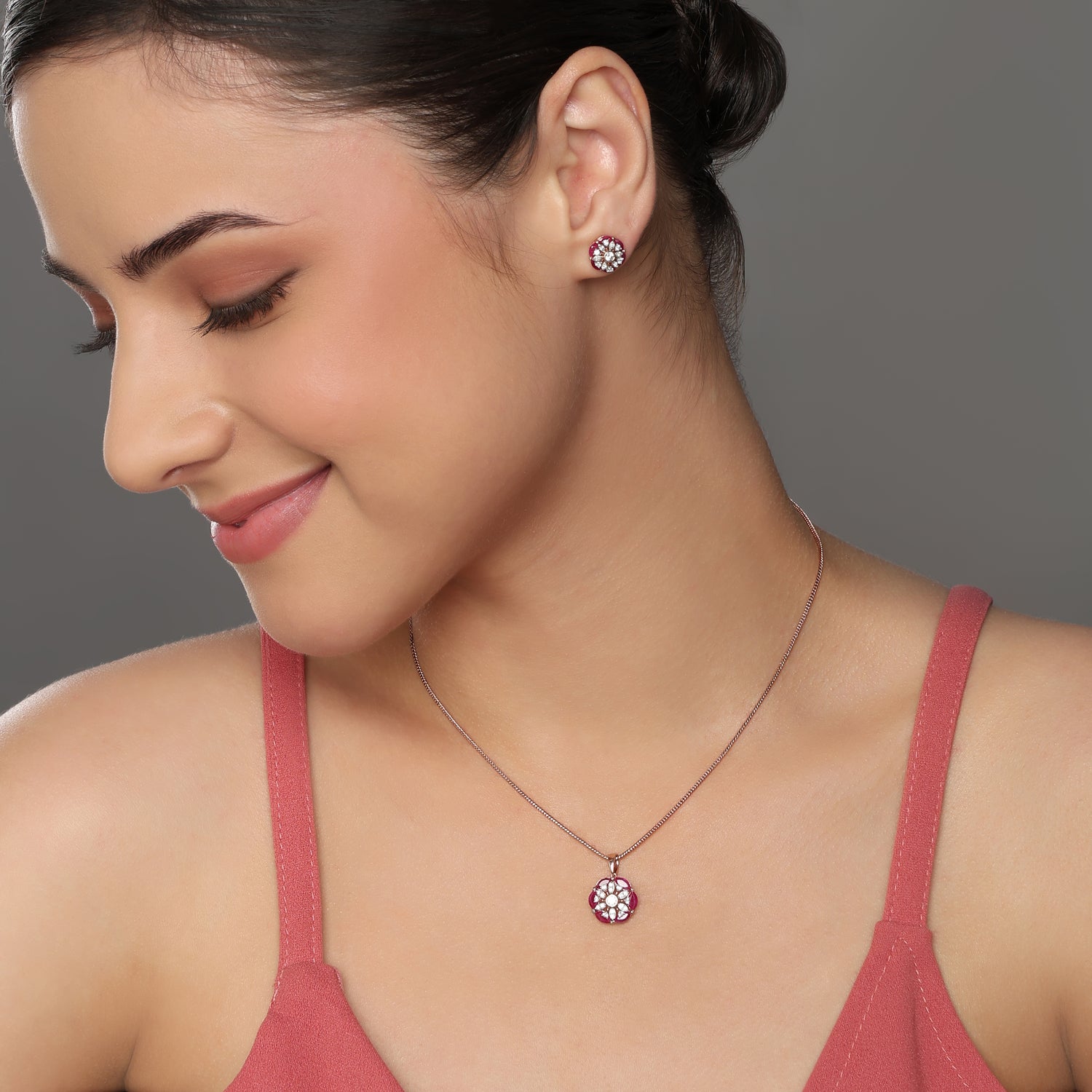 Radiant Floral Blossom Deep Pink Stone Pendant and Earrings Set