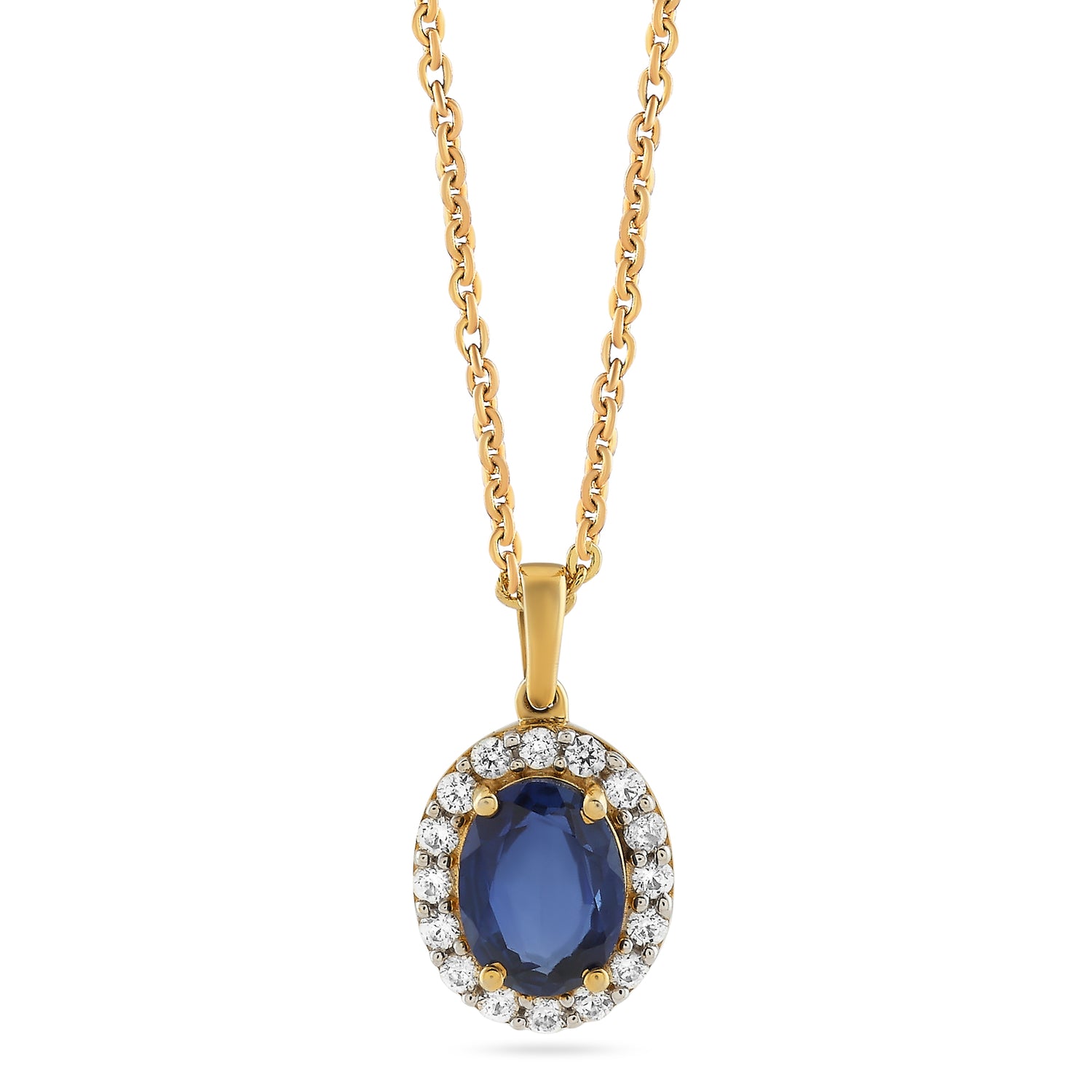 Elegant Oval Halo Pendant Featuring A Radiant Deep Blue Center