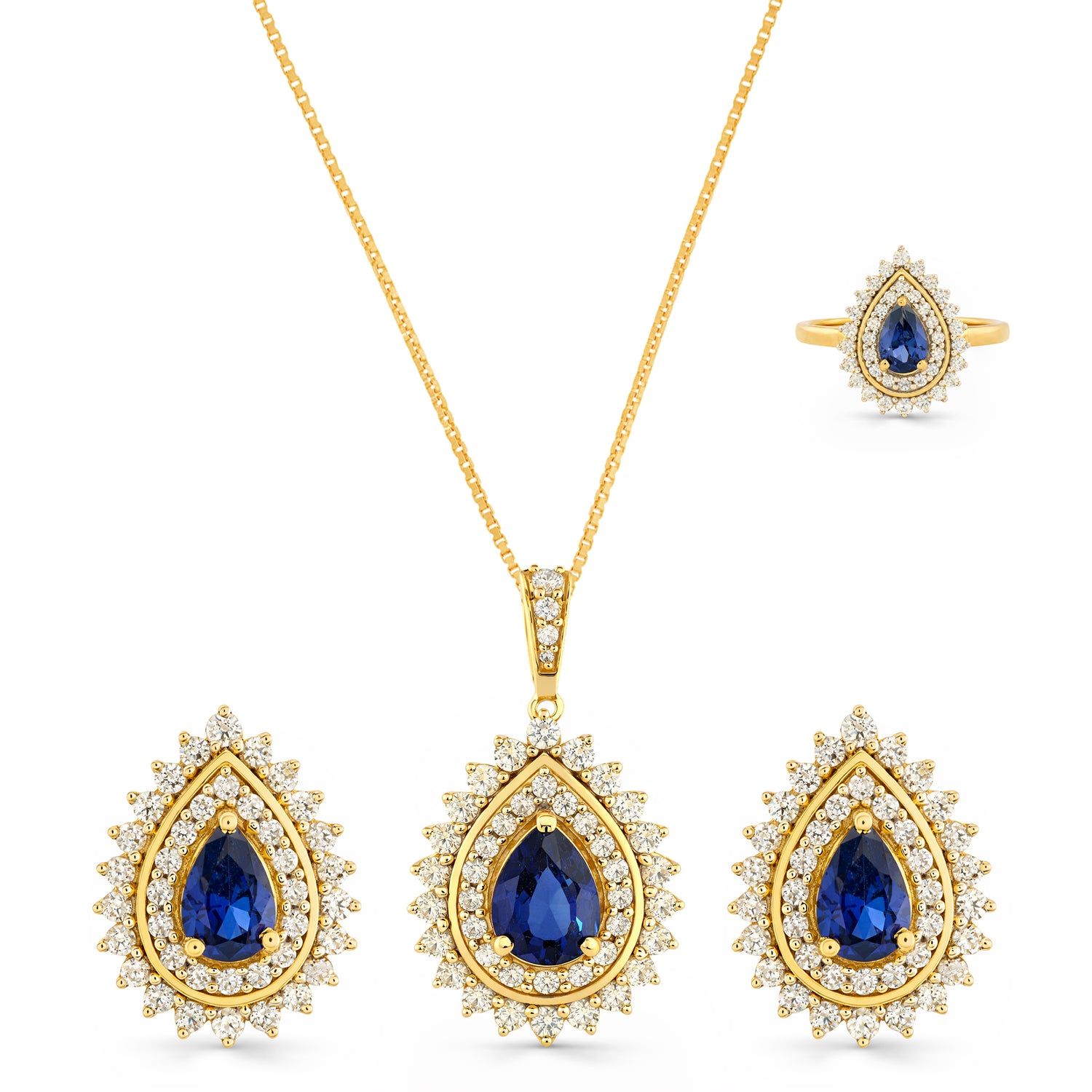 Enchanting Deep Blue Teardrop Halo Pendant, Earring and Ring Set