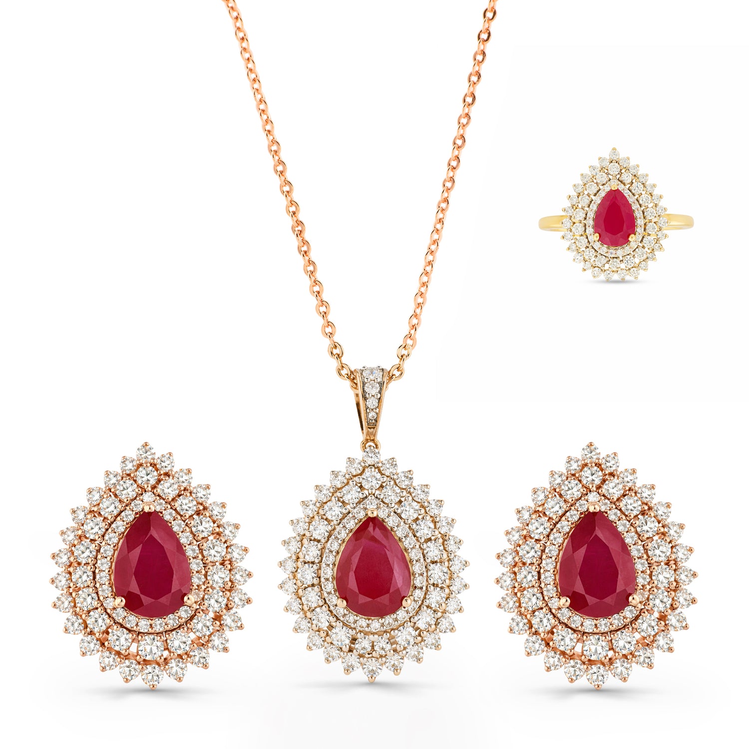 Teardrop Halo Ring, Earrings and Pendant Set