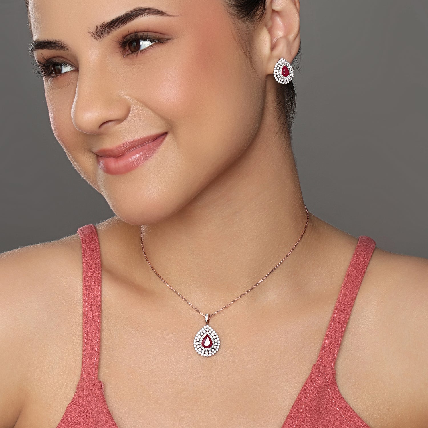 Teardrop Halo Ring, Earrings and Pendant Set