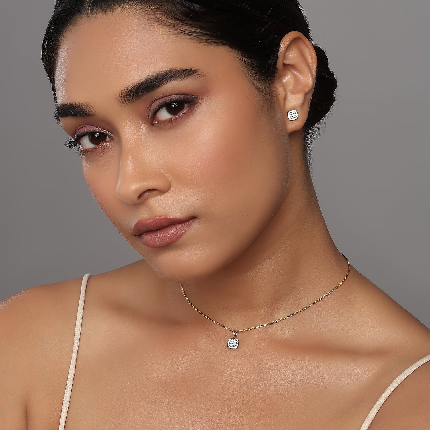 Radiant Square Cluster Pendant and Matching Stud Earring Set