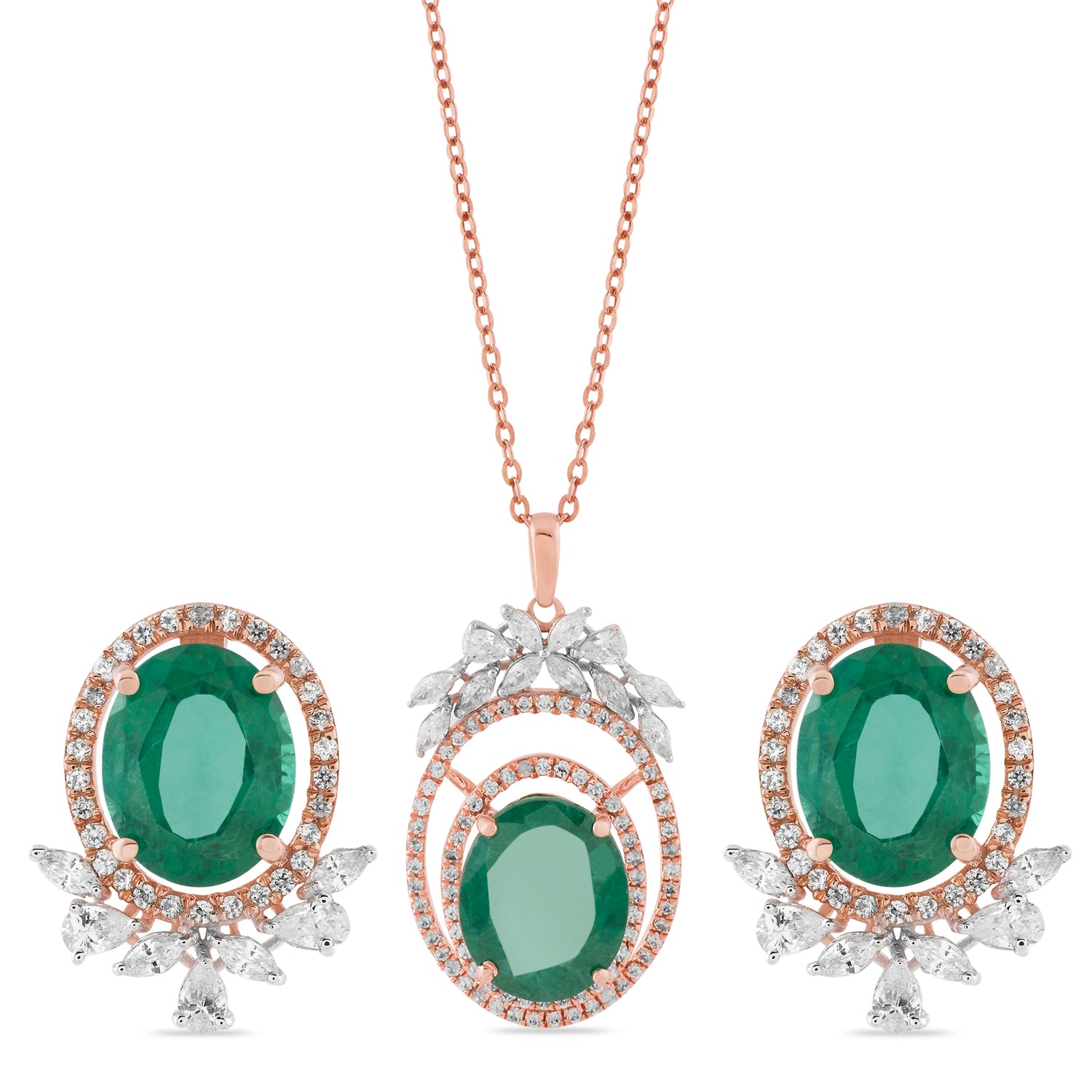 Ethereal Forest Green Oval Halo Pendant and Matching Stud Earrings Set