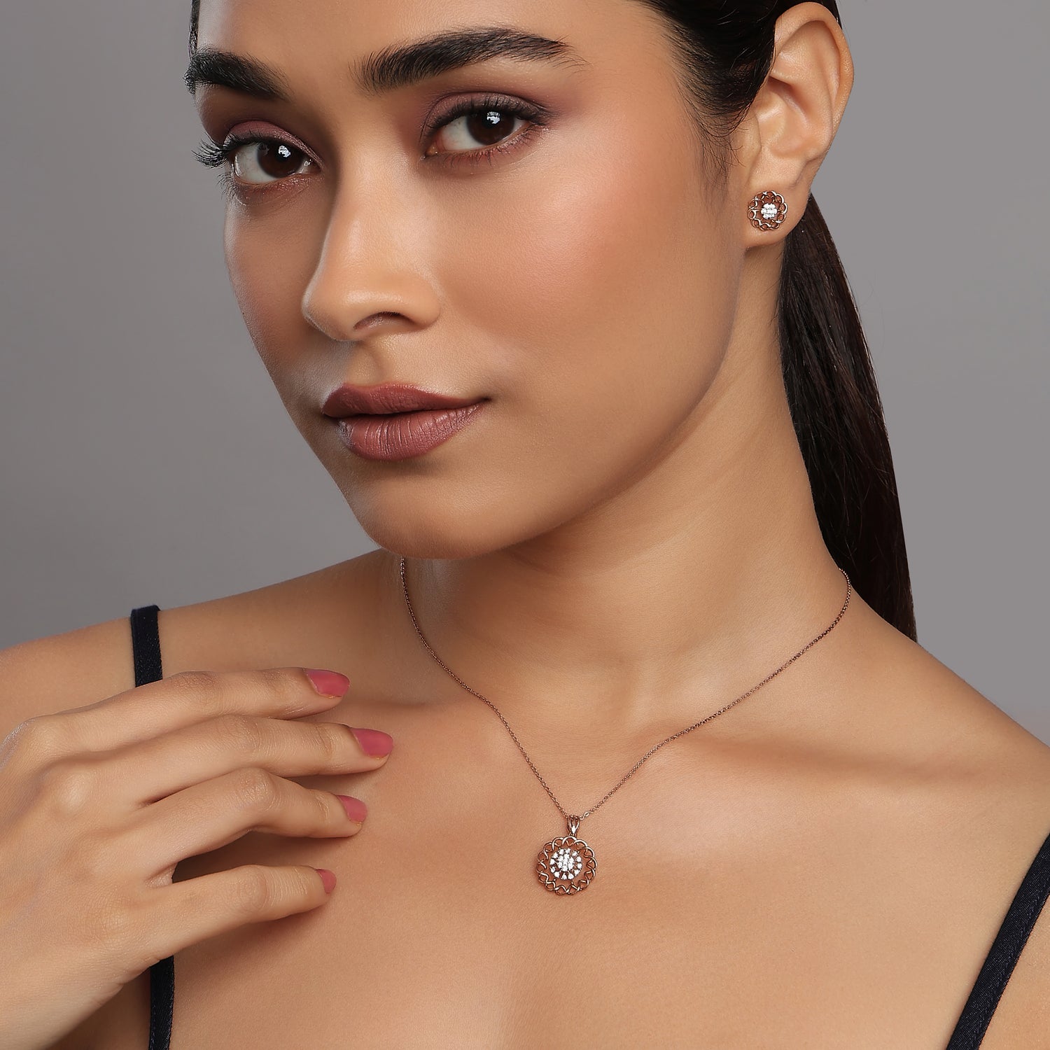 Eternal Floral Romance Sparkling Pendant and Matching Stud Earring Set