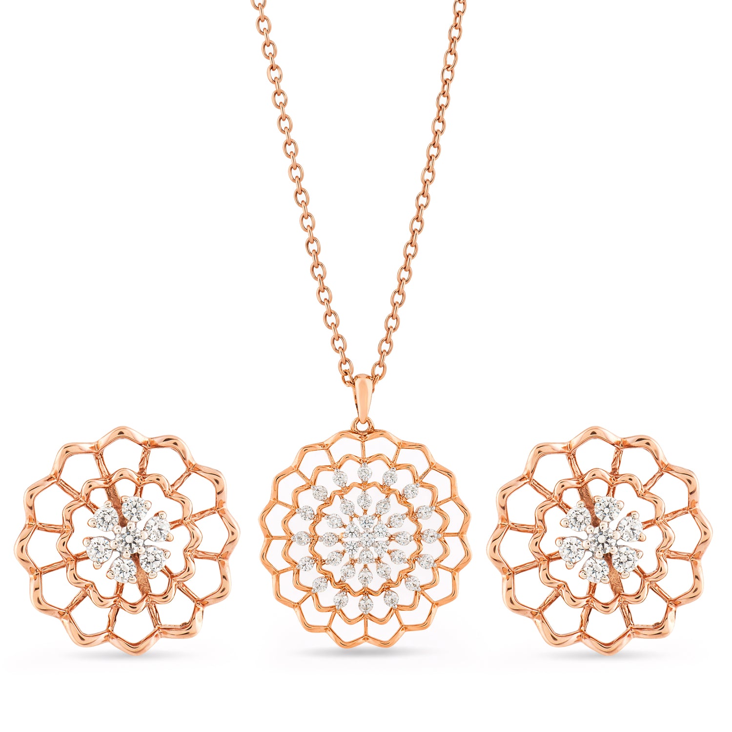 Radiant Floral Filigree Pendant and Matching Stud Earring Set