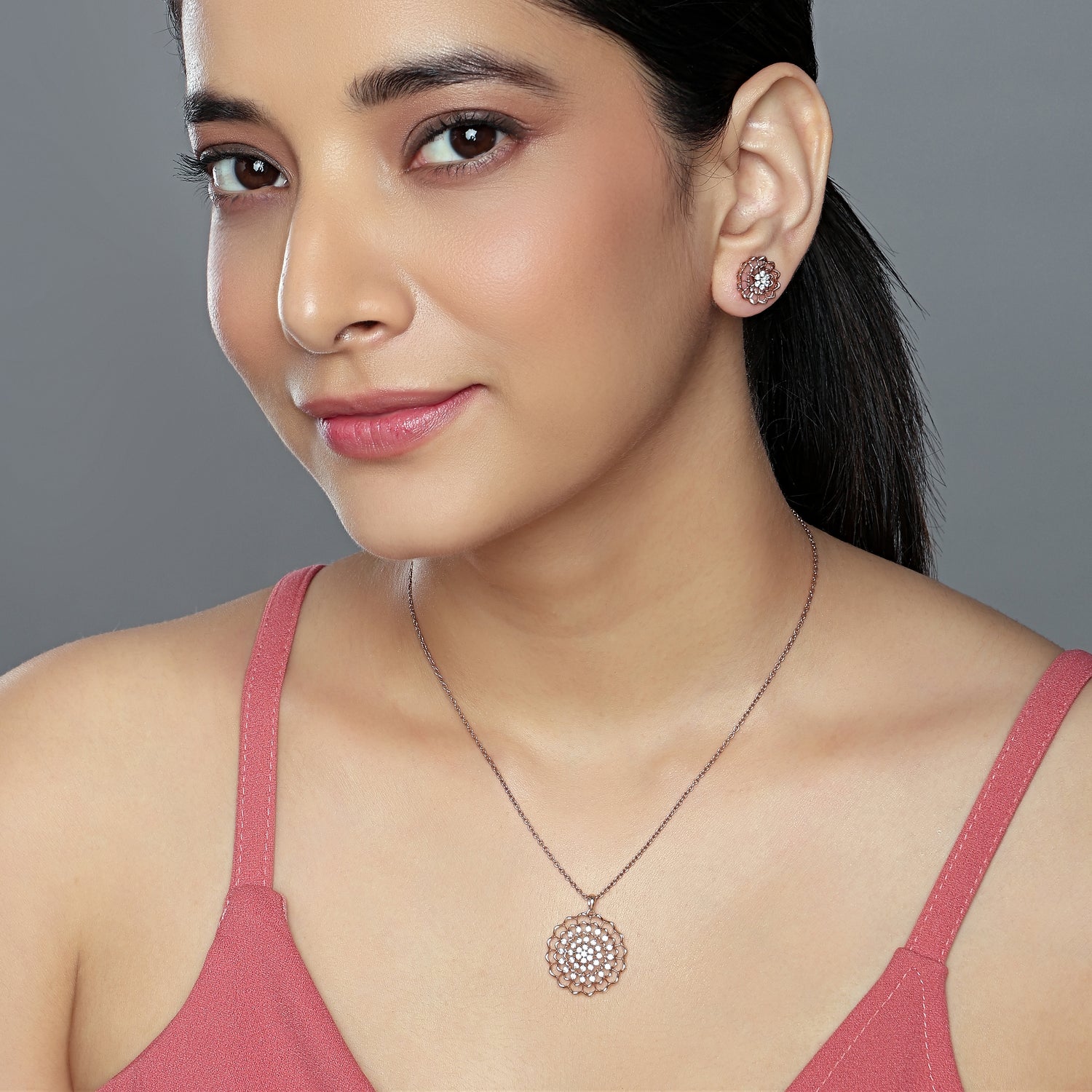 Radiant Floral Filigree Pendant and Matching Stud Earring Set