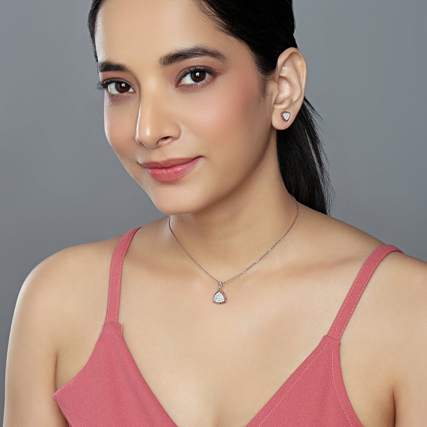 Elegant Radiance Pave Set Trillion Pendant and Matching Stud Earrings