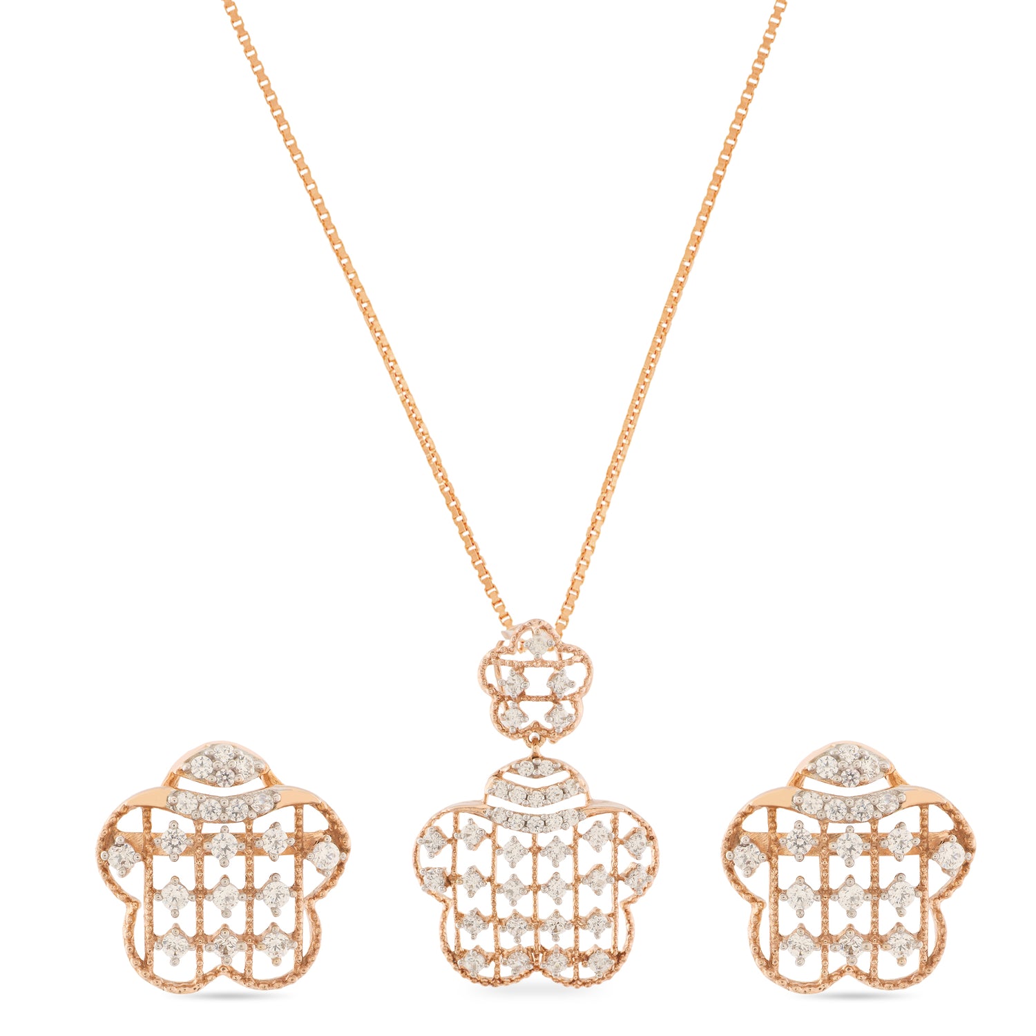 Elegant Floral Lattice Pendant and Matching Stud Earring Set