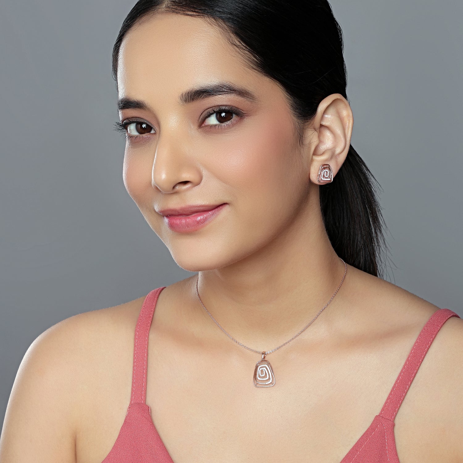 Graceful Geometric Swirl Pendant and Matching Stud Earring Jewelry Set