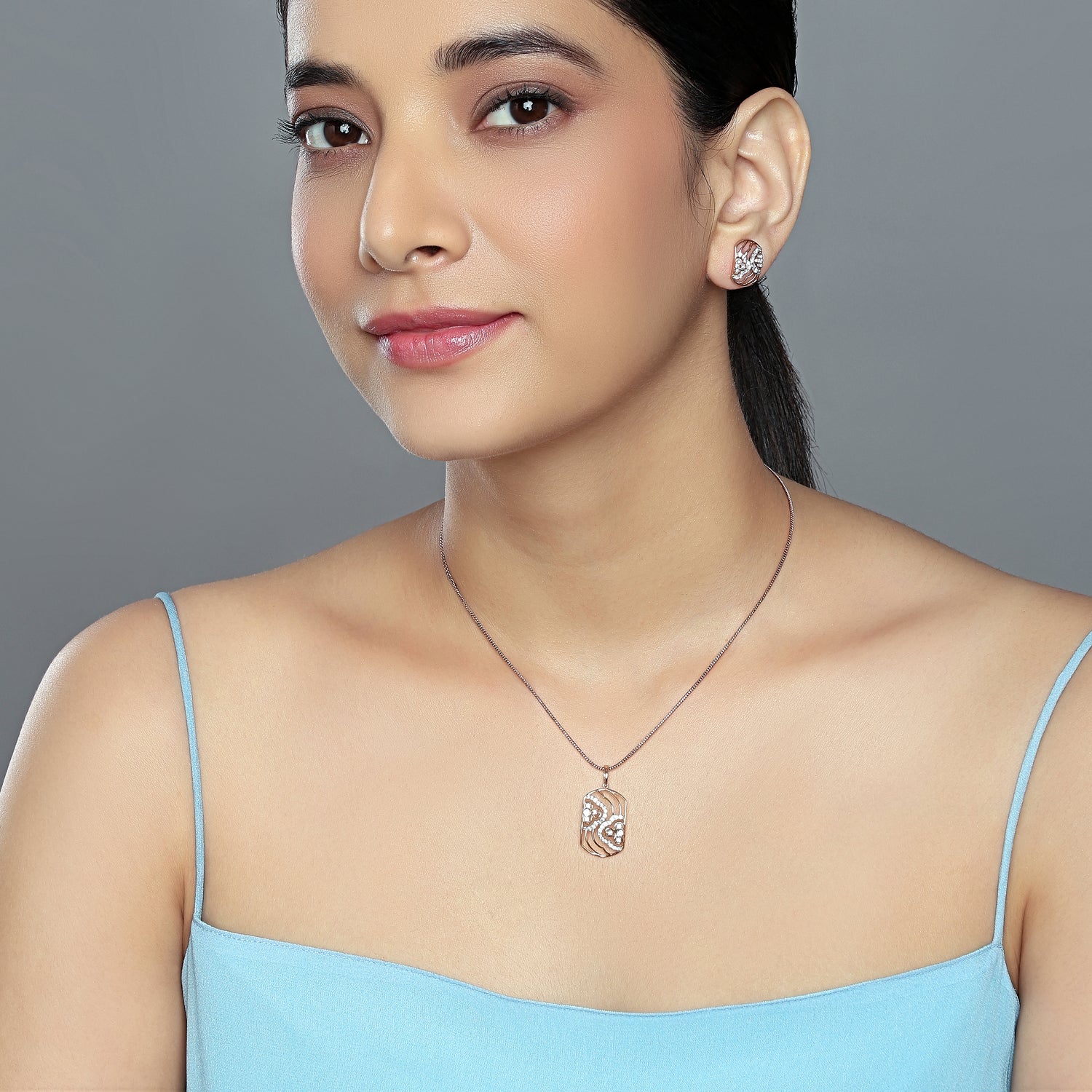 Graceful Ethereal Rectangular Filigree Pendant and Matching Stud Earring Set