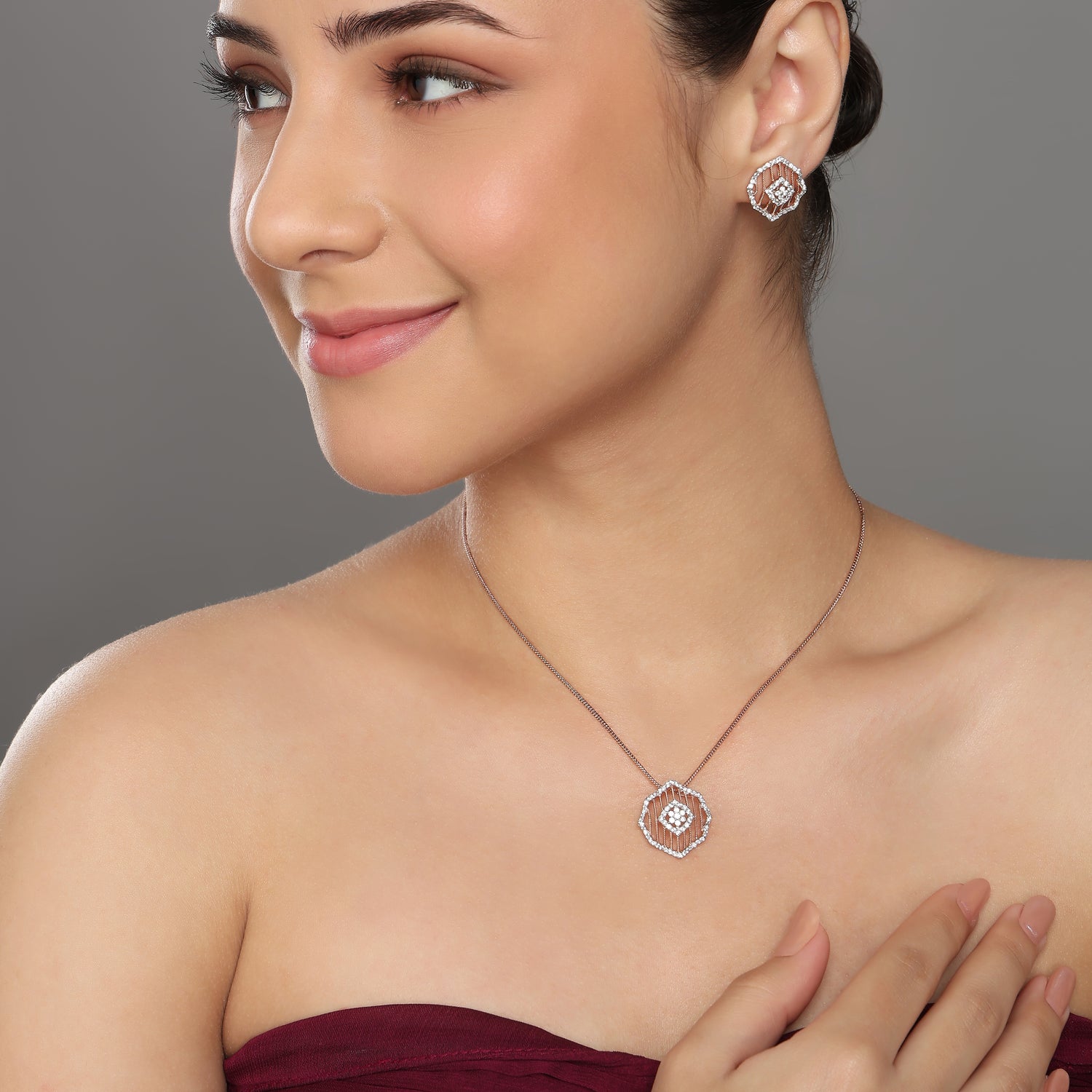 Eternal Radiance Hexagonal Pendant and Matching Stud Earring Jewelry Set