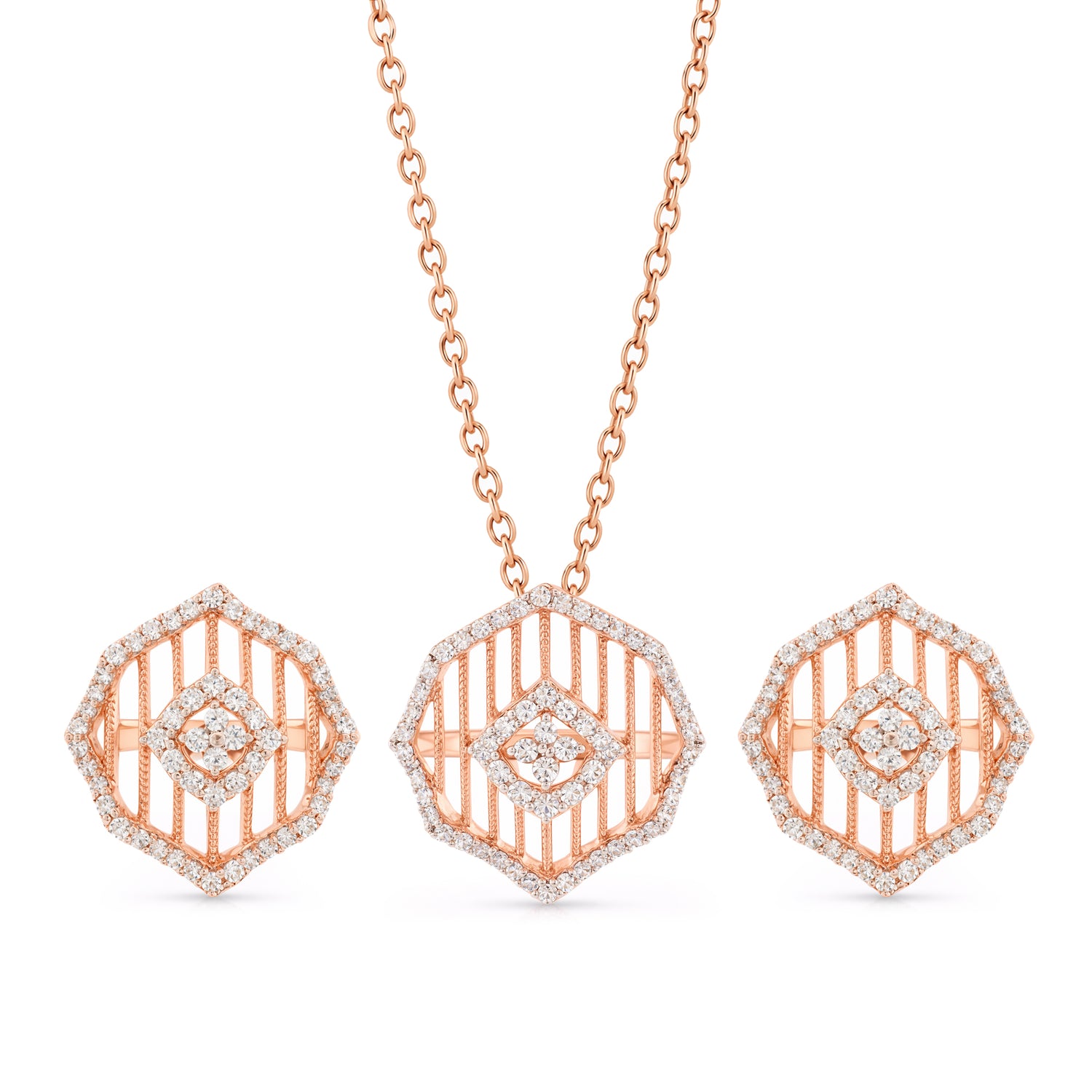 Eternal Radiance Hexagonal Pendant and Matching Stud Earring Jewelry Set