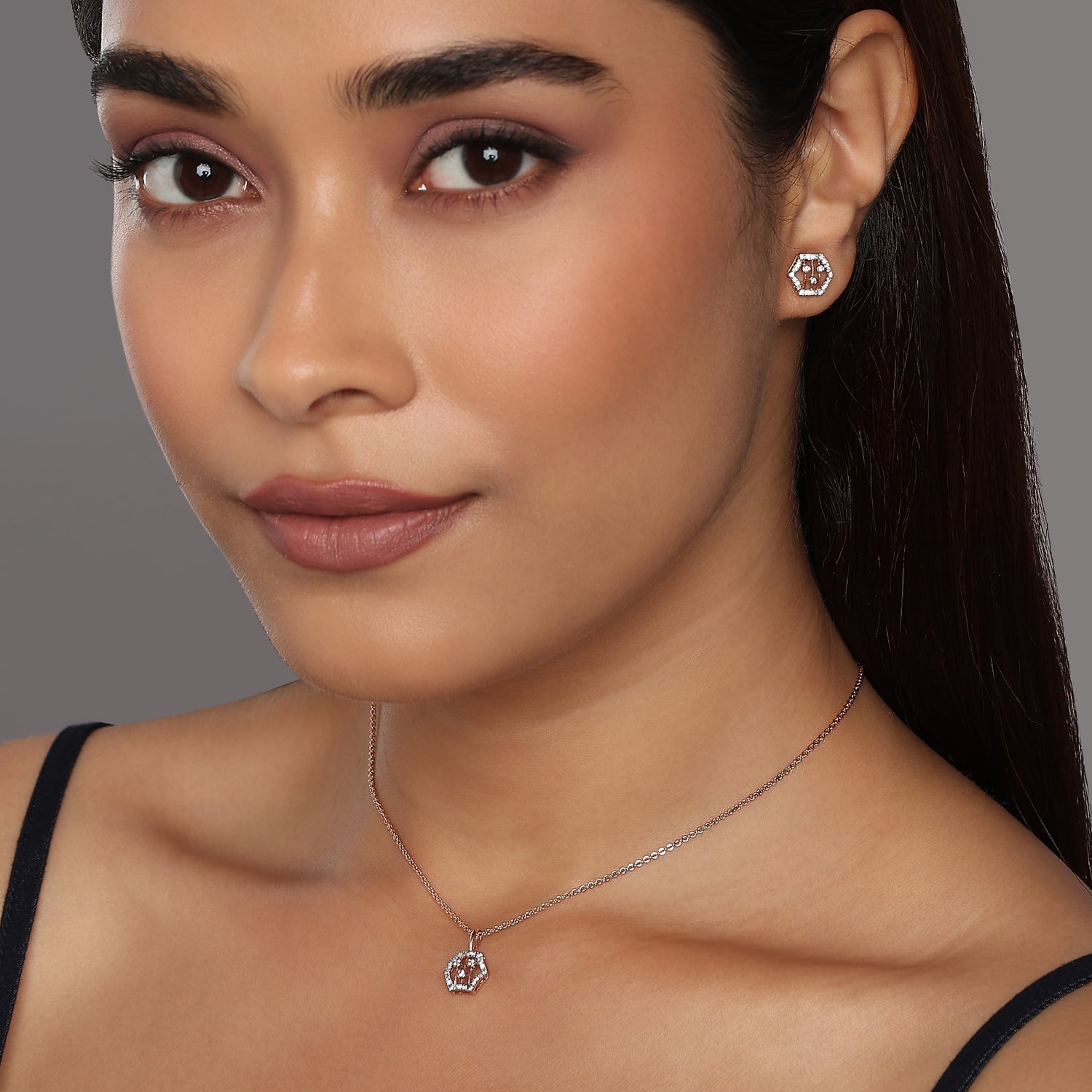 Radiant Hexagonal Geometric Pendant and Matching Stud Earring Set