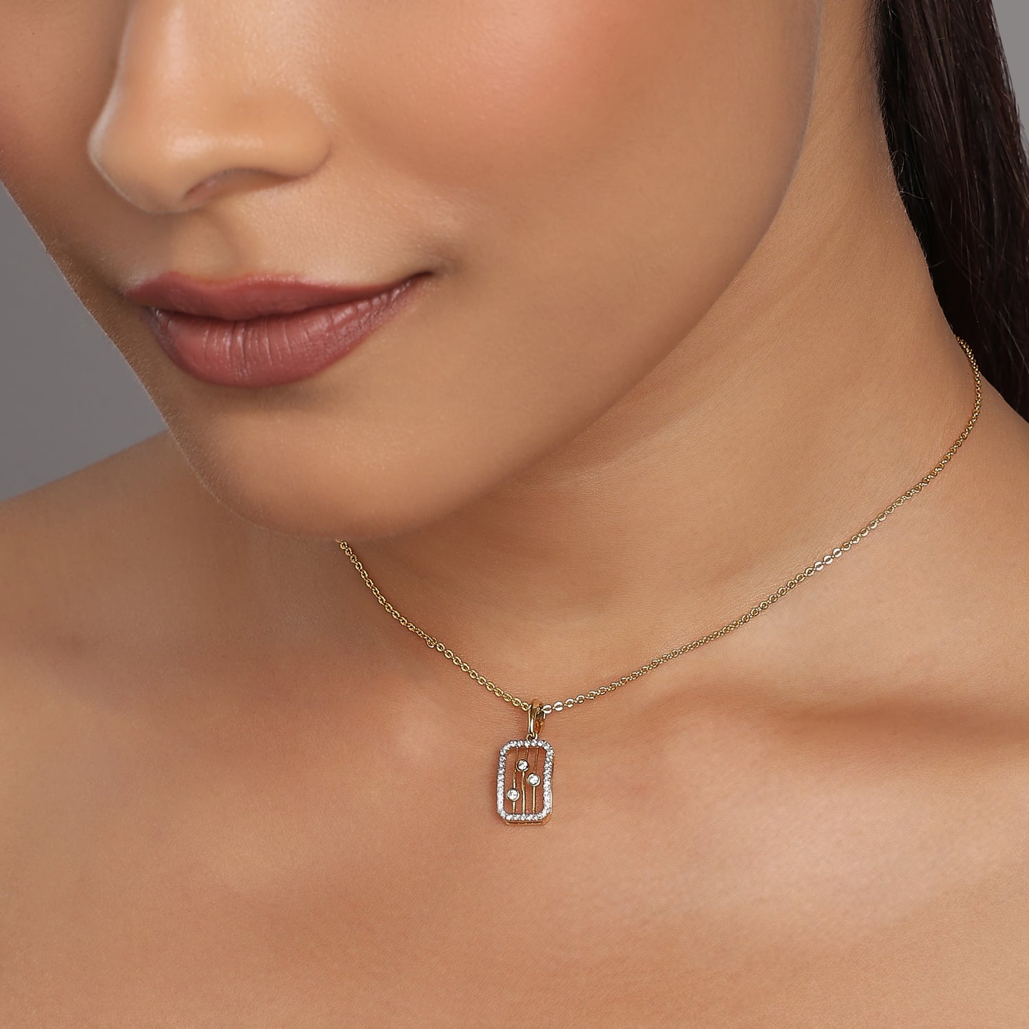 Elegant Rectangular Geometric Pendant with Modern Triple Stone Design