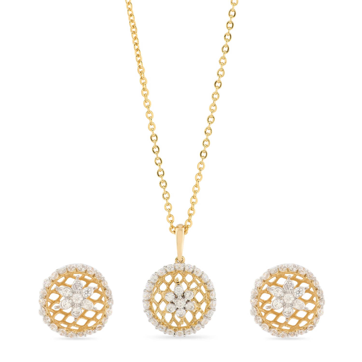 Radiant Floral Lattice Pendant and Matching Stud Earring Set