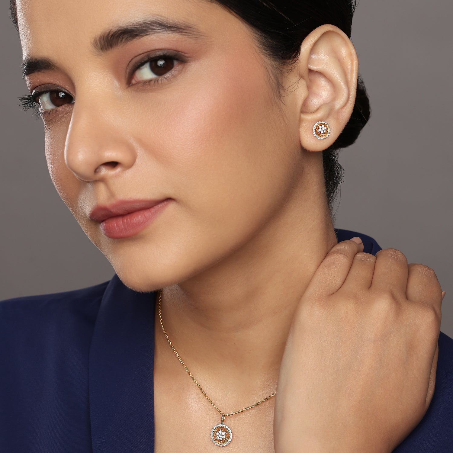 Radiant Floral Lattice Pendant and Matching Stud Earring Set