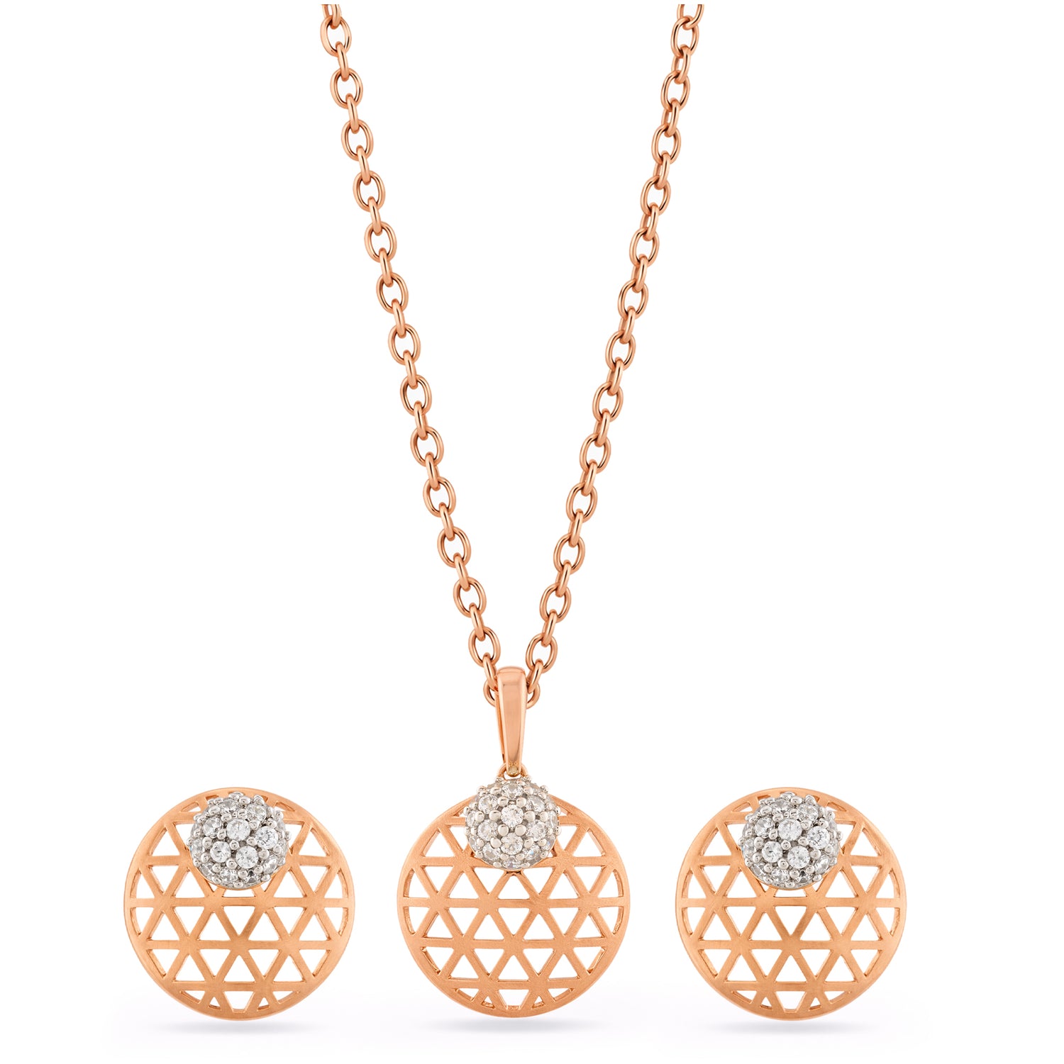 Radiant Geometric Lattice Circular Pendant and Stud Earring Jewelry Set