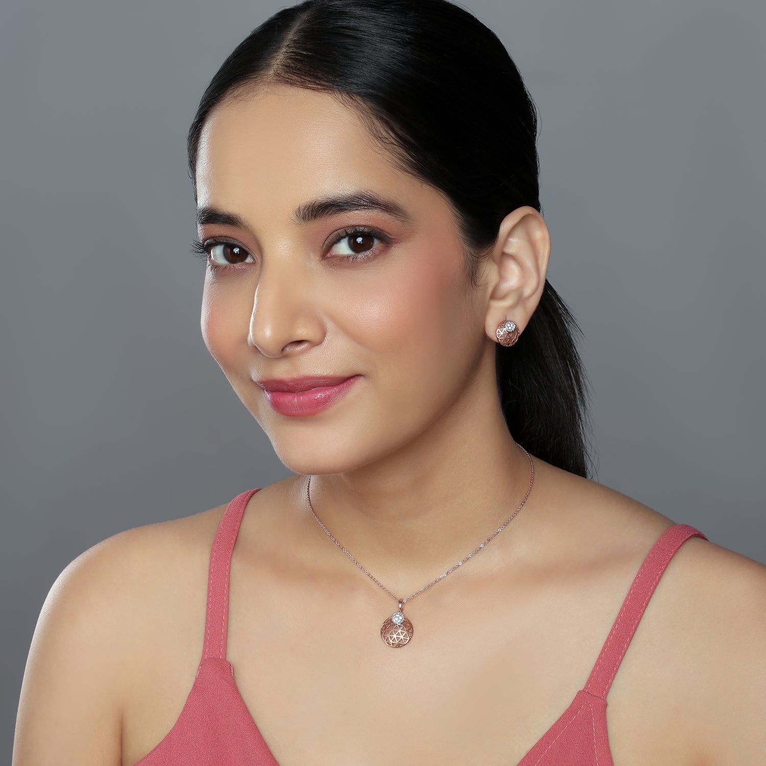 Radiant Geometric Lattice Circular Pendant and Stud Earring Jewelry Set