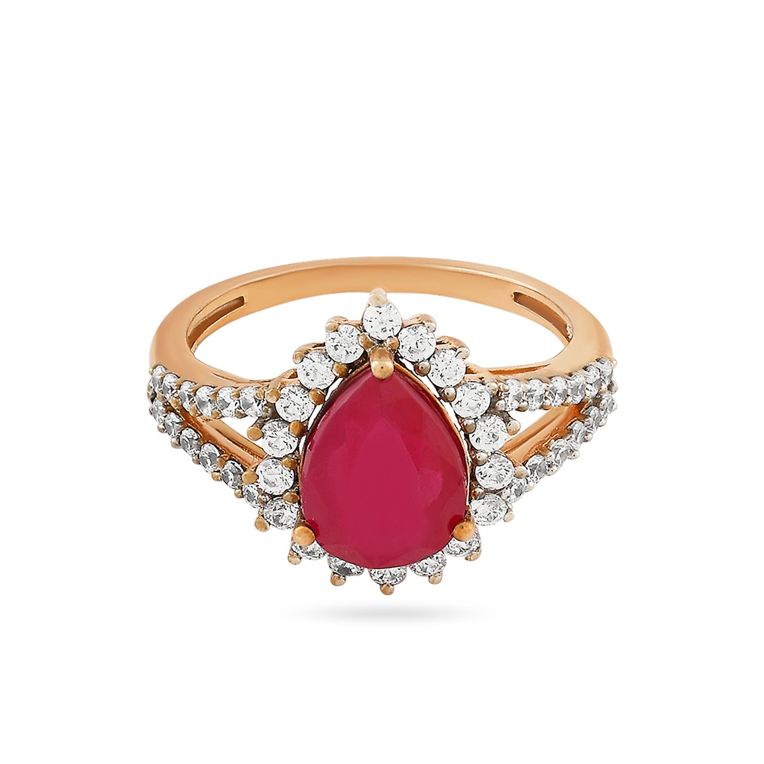 Radiant Pear Cut Crimson Gemstone Statement Ring With Diamond Accents