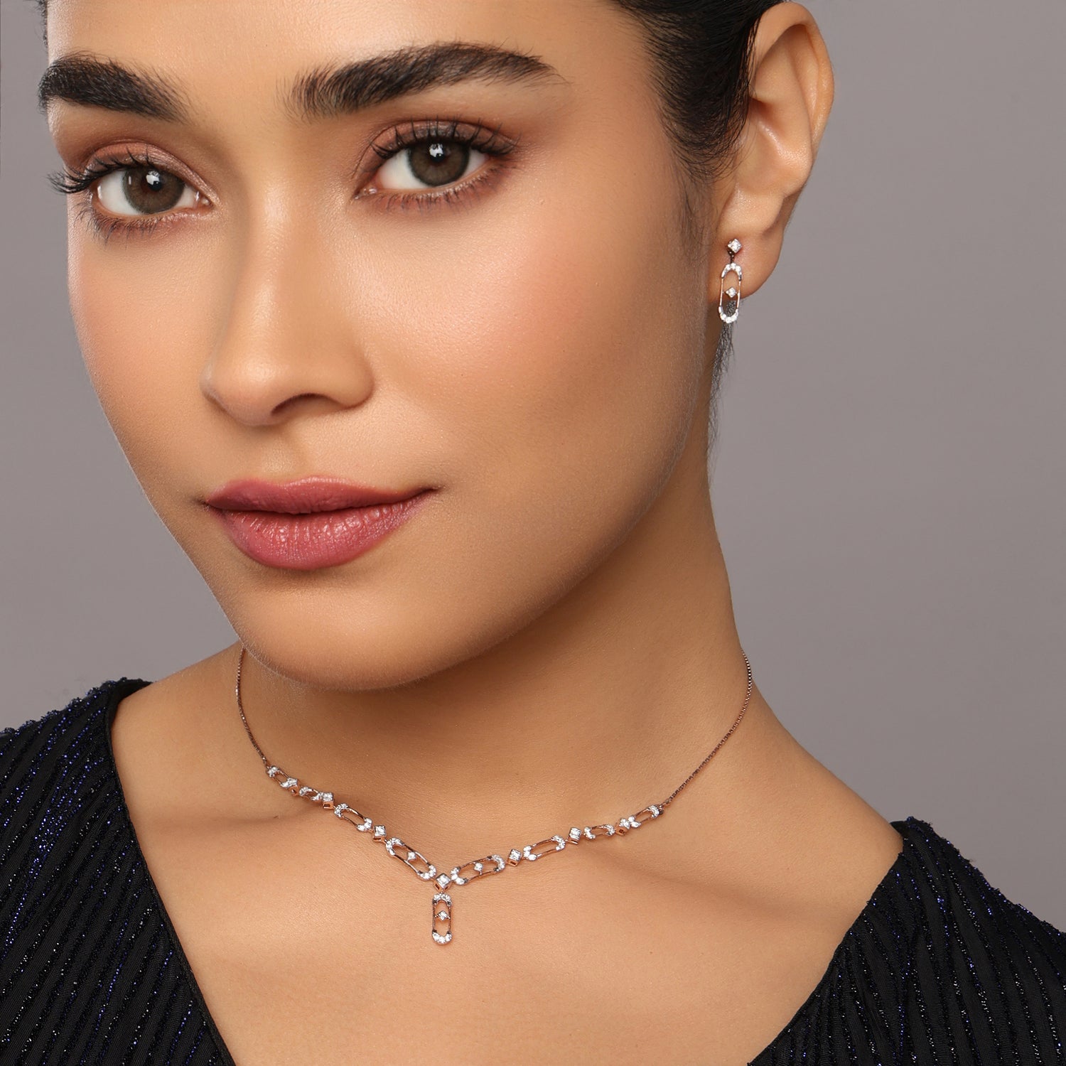 Whispering Geometry Geometric link Necklace and Drop Earring Set