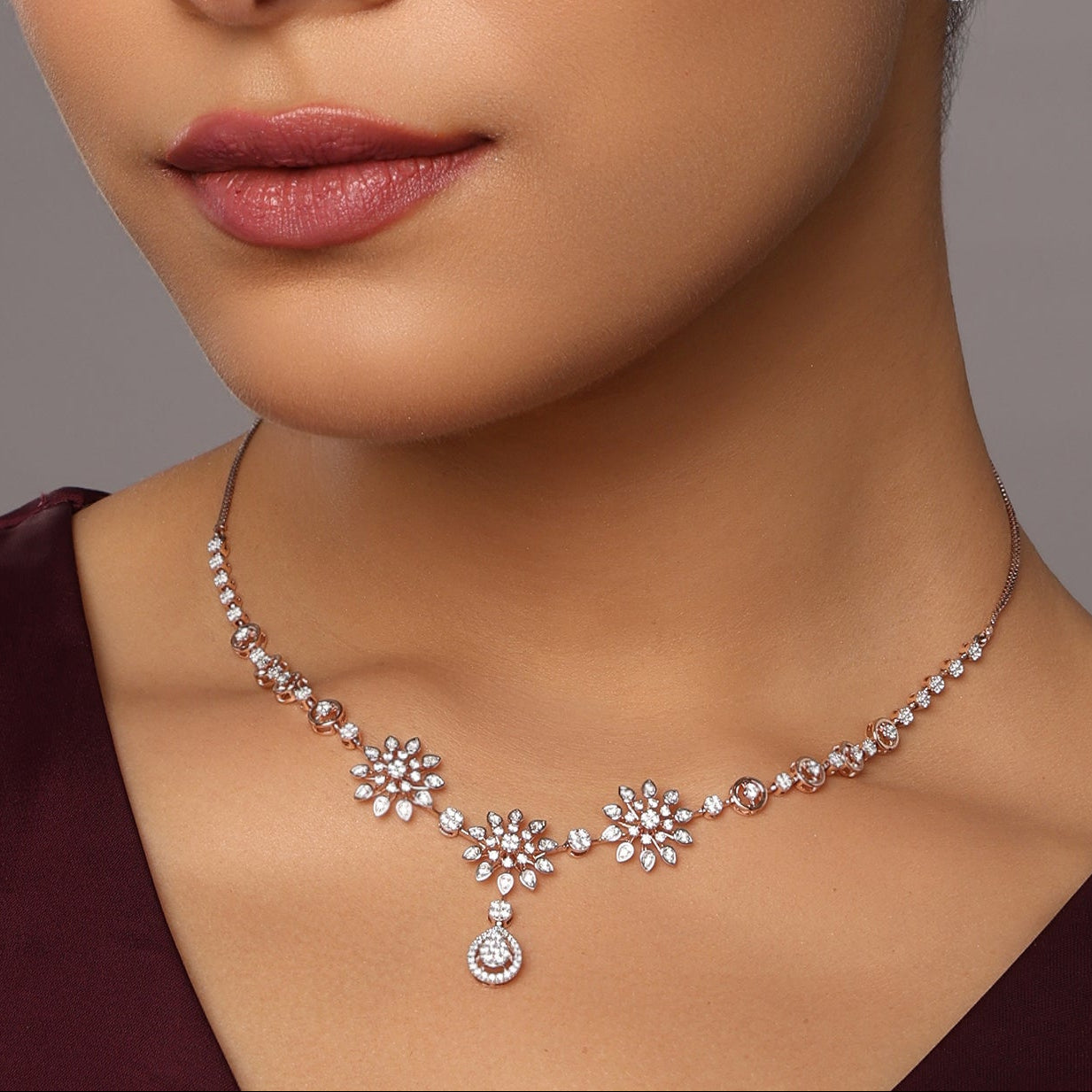 Floral Choker Necklace with Central Teardrop Pendant