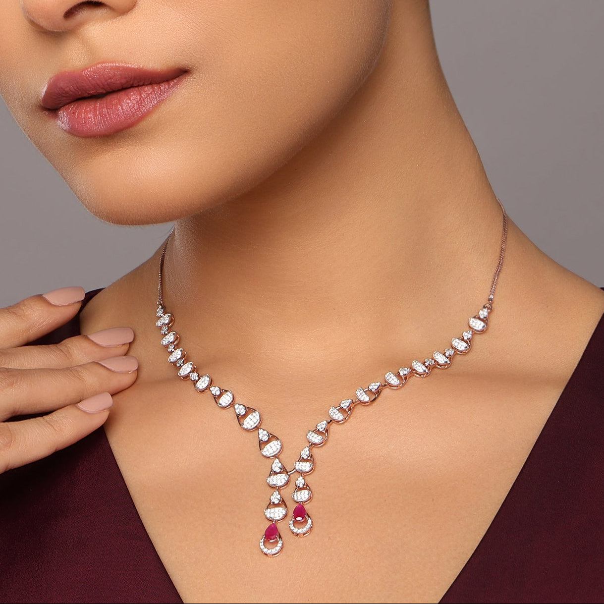 Linear V-Shaped Necklace with Dual Teardrop Accents