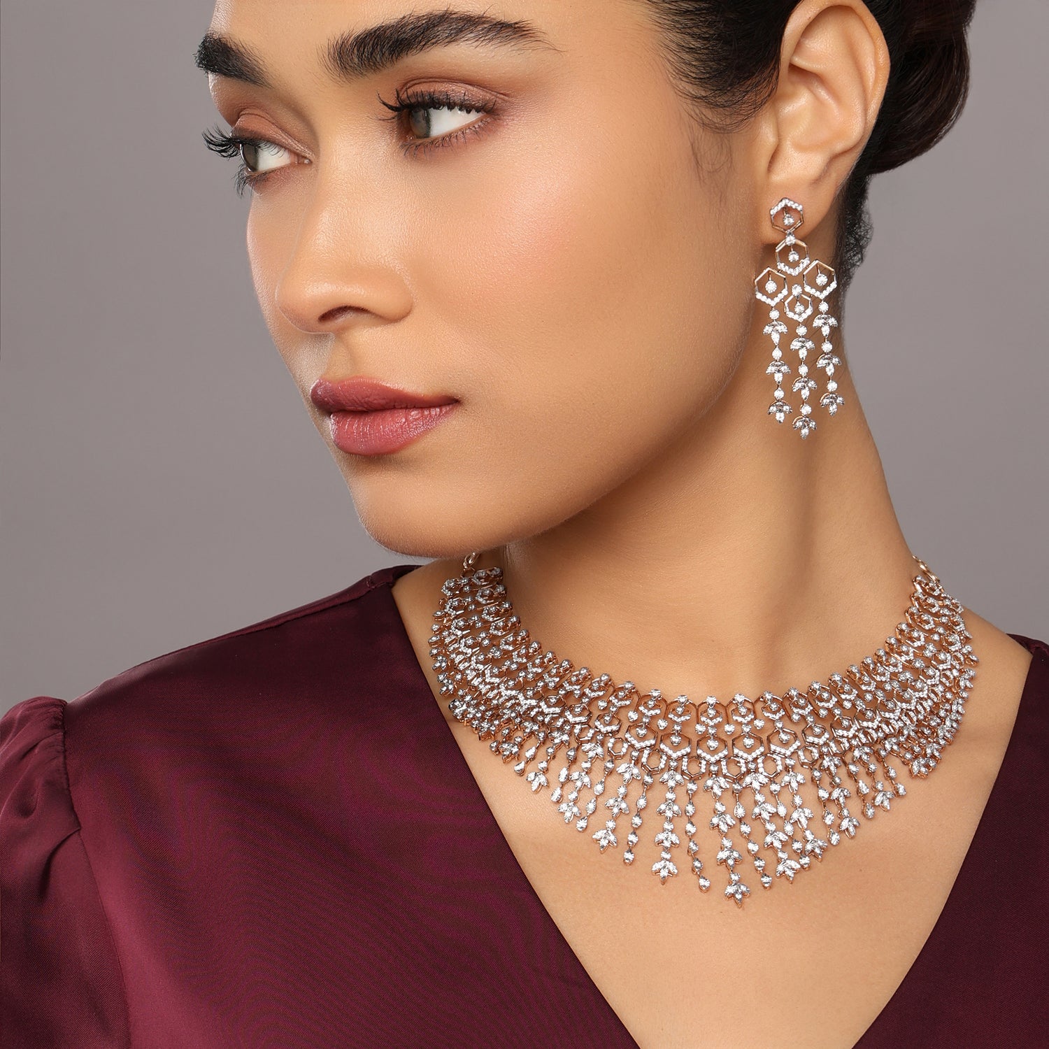 Radiant Geometric Grandeur Floral Cascade Necklace and Chandelier Earring Set