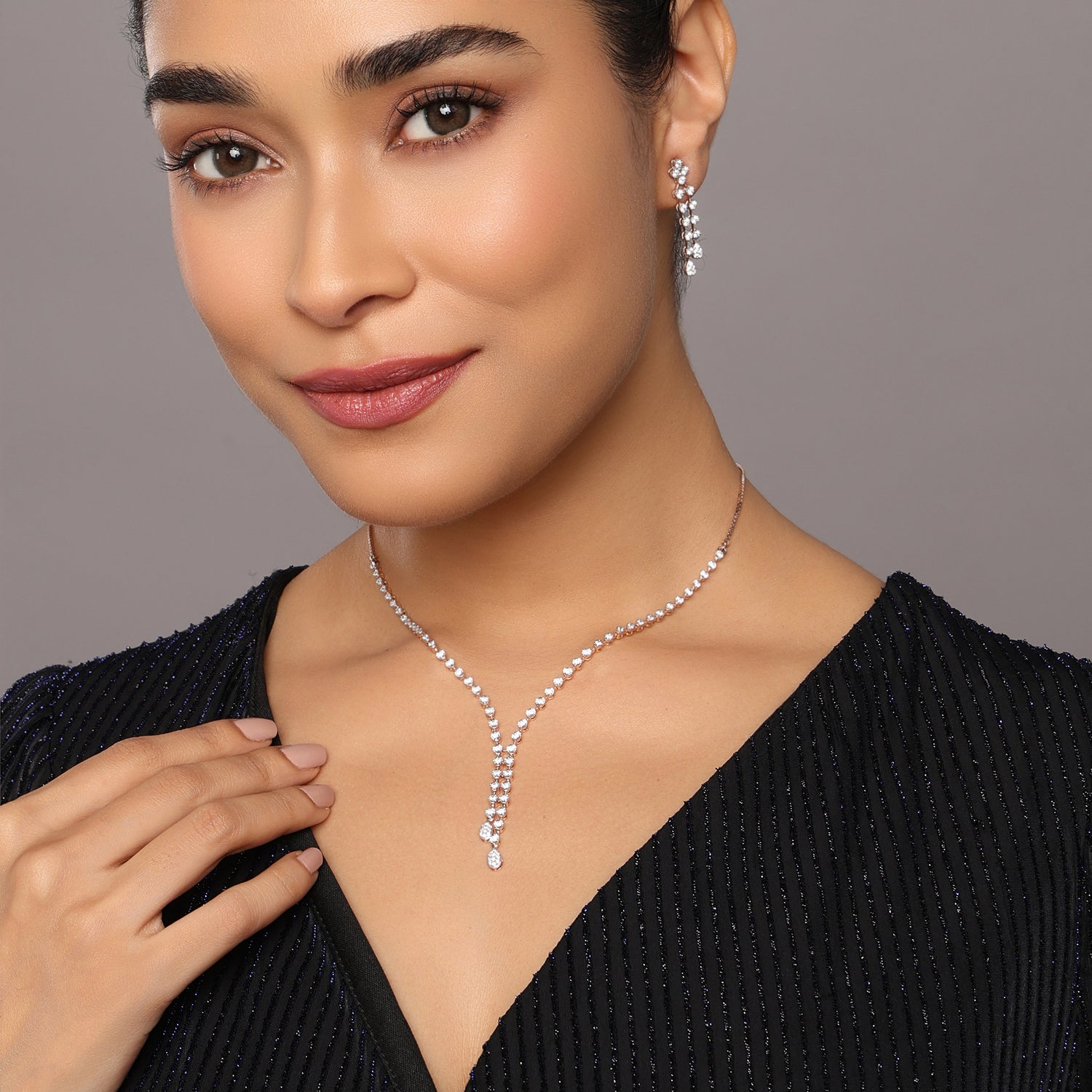 Ethereal Morning Dew Floral Droplet Necklace and Matching Earring Set