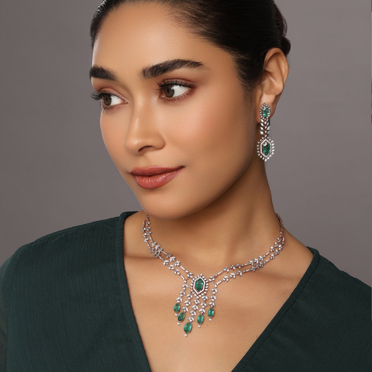 Elegant Leaf Cascade Drop Necklace and Earring Jewelry Set