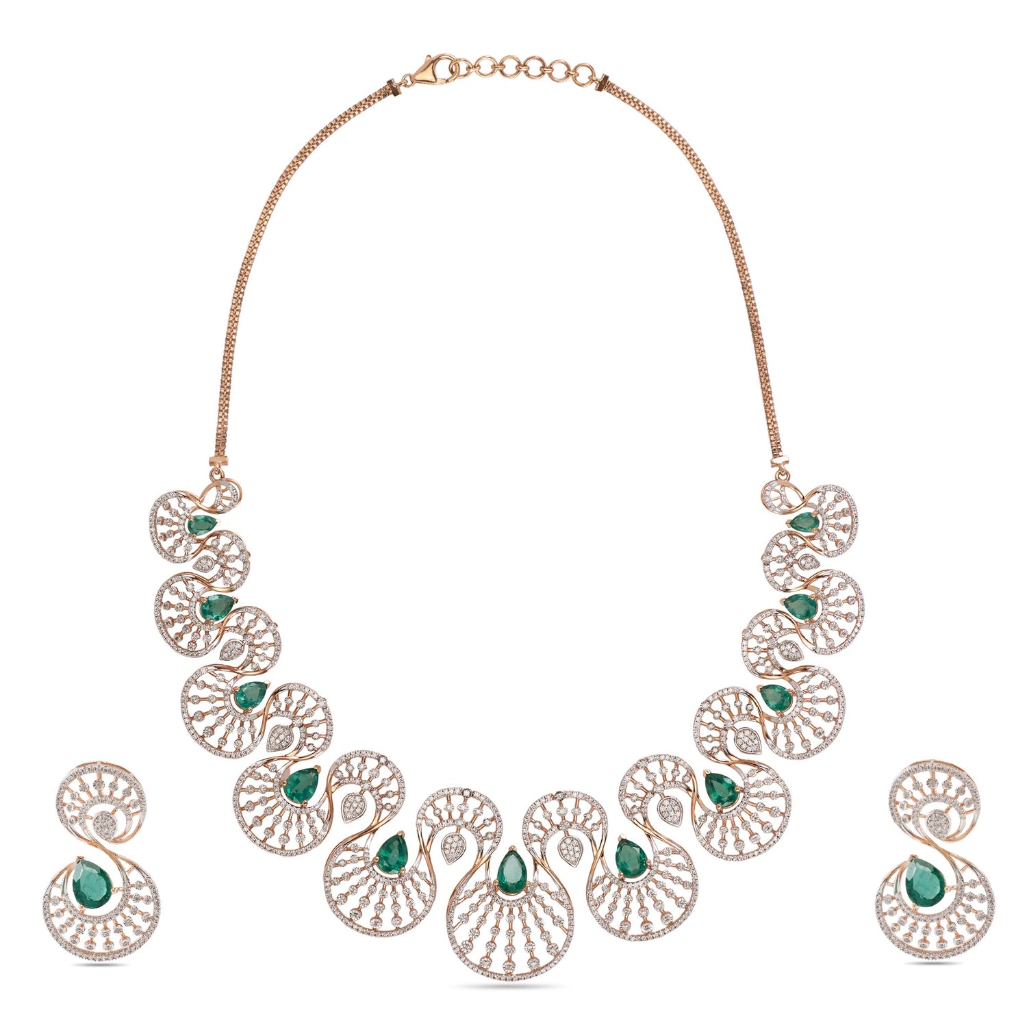Ornate Peacock-Inspired Motif Necklace and Earring Jewelry Set