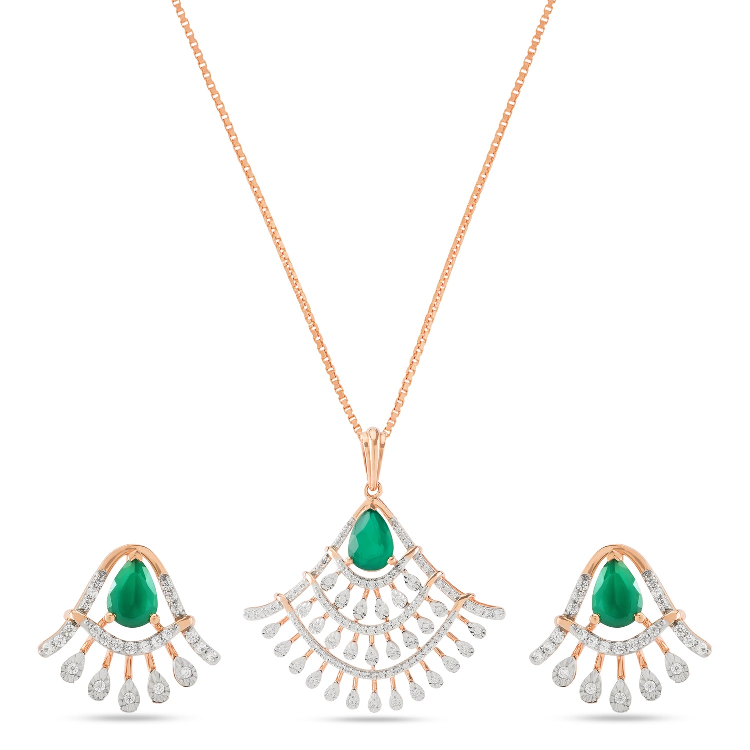 Graceful Fan Drop Pendant and Earring Set with Regal Flair
