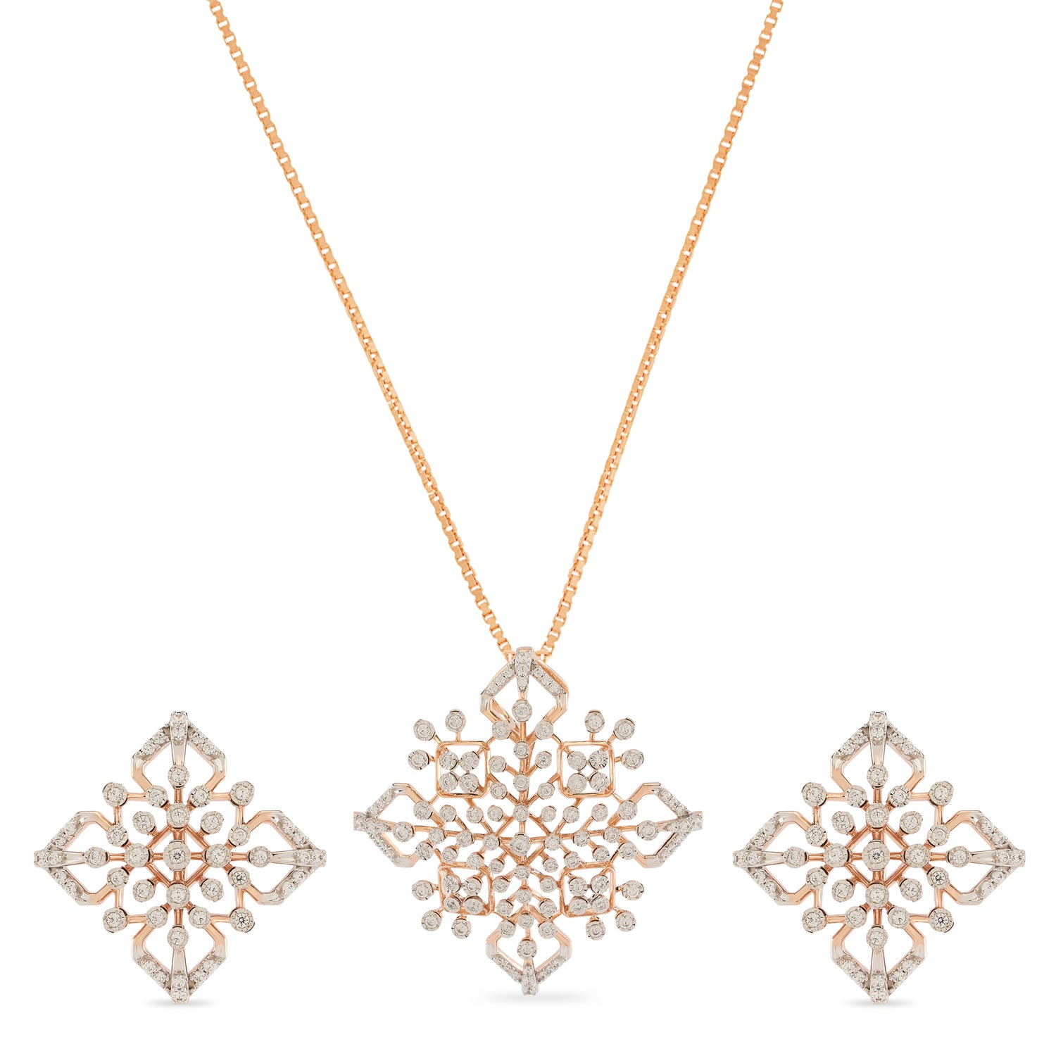 Ornate Geometric Motif Necklace and Earring Set with Intricate Symmetry